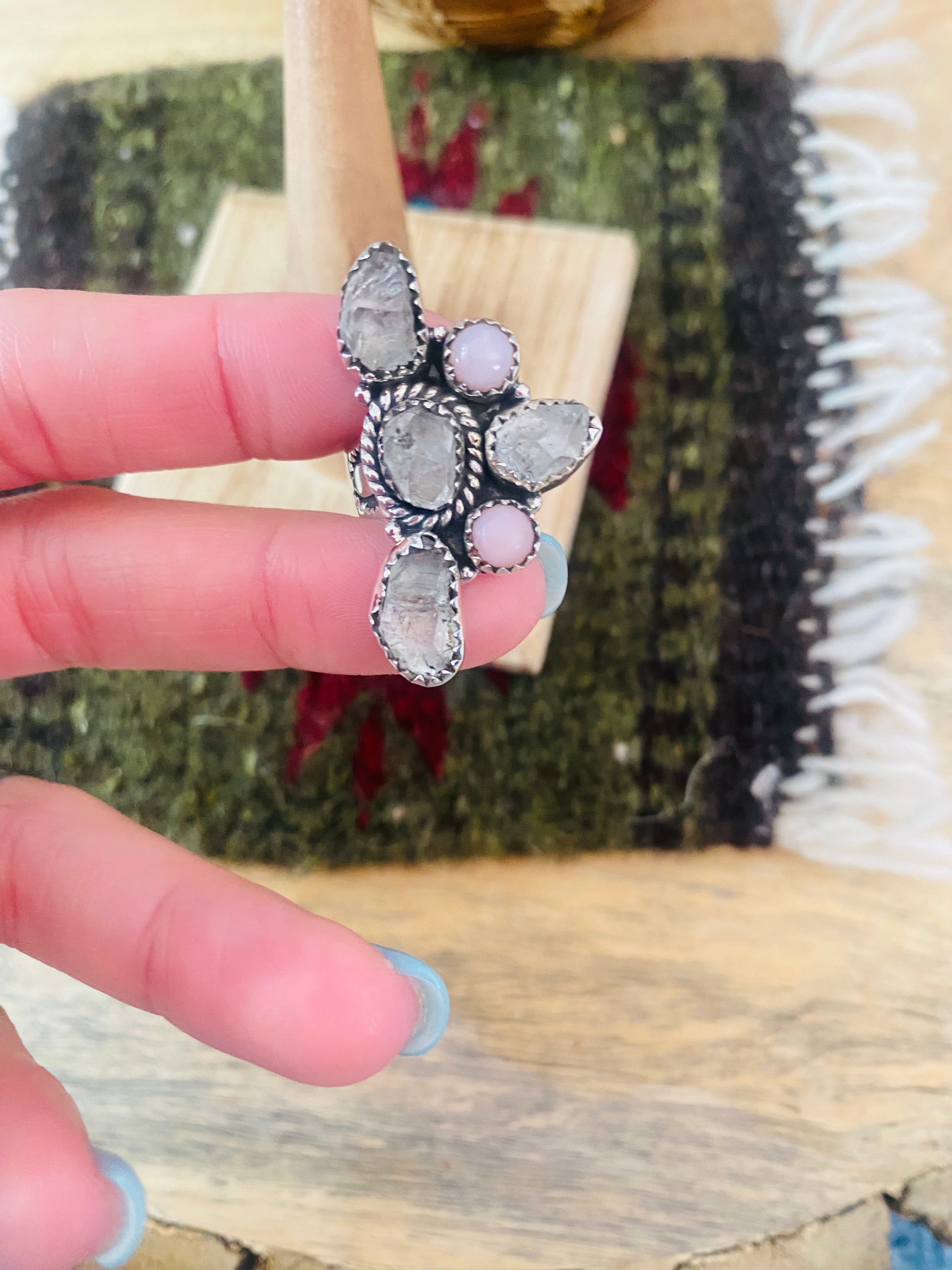 Handmade Sterling Silver, Herkimer Diamond & Queen Pink Conch She’ll Cluster Adjustable Ring