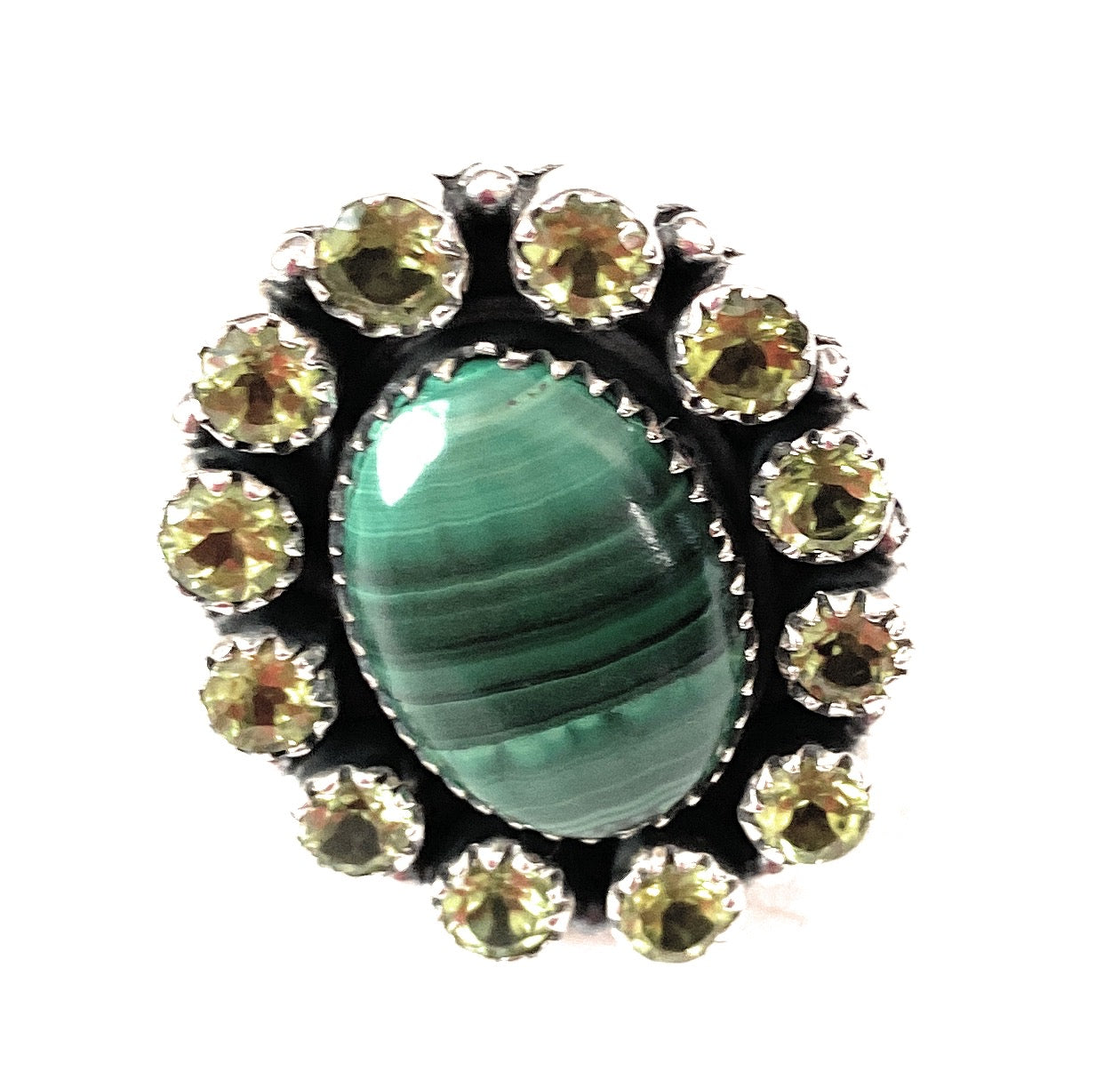 Handmade Sterling Silver, Malachite & Peridot Cluster Adjustable Ring