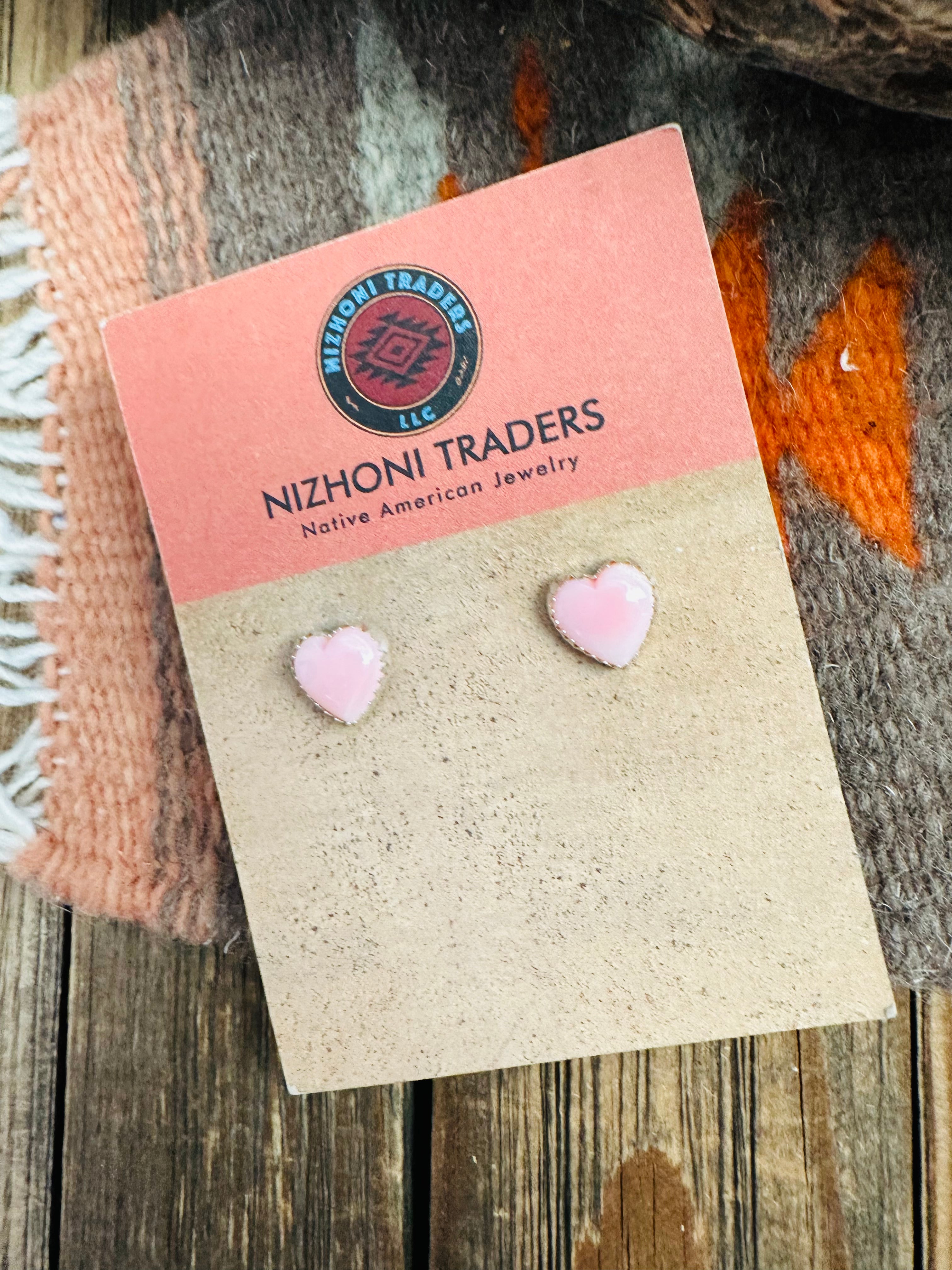 Navajo Queen Pink Conch & Sterling Silver Heart Stud Earrings