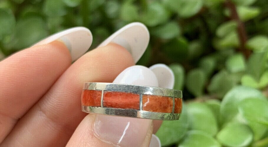 Navajo Sterling Silver & Orange Spiny Inlayed Stacker Ring