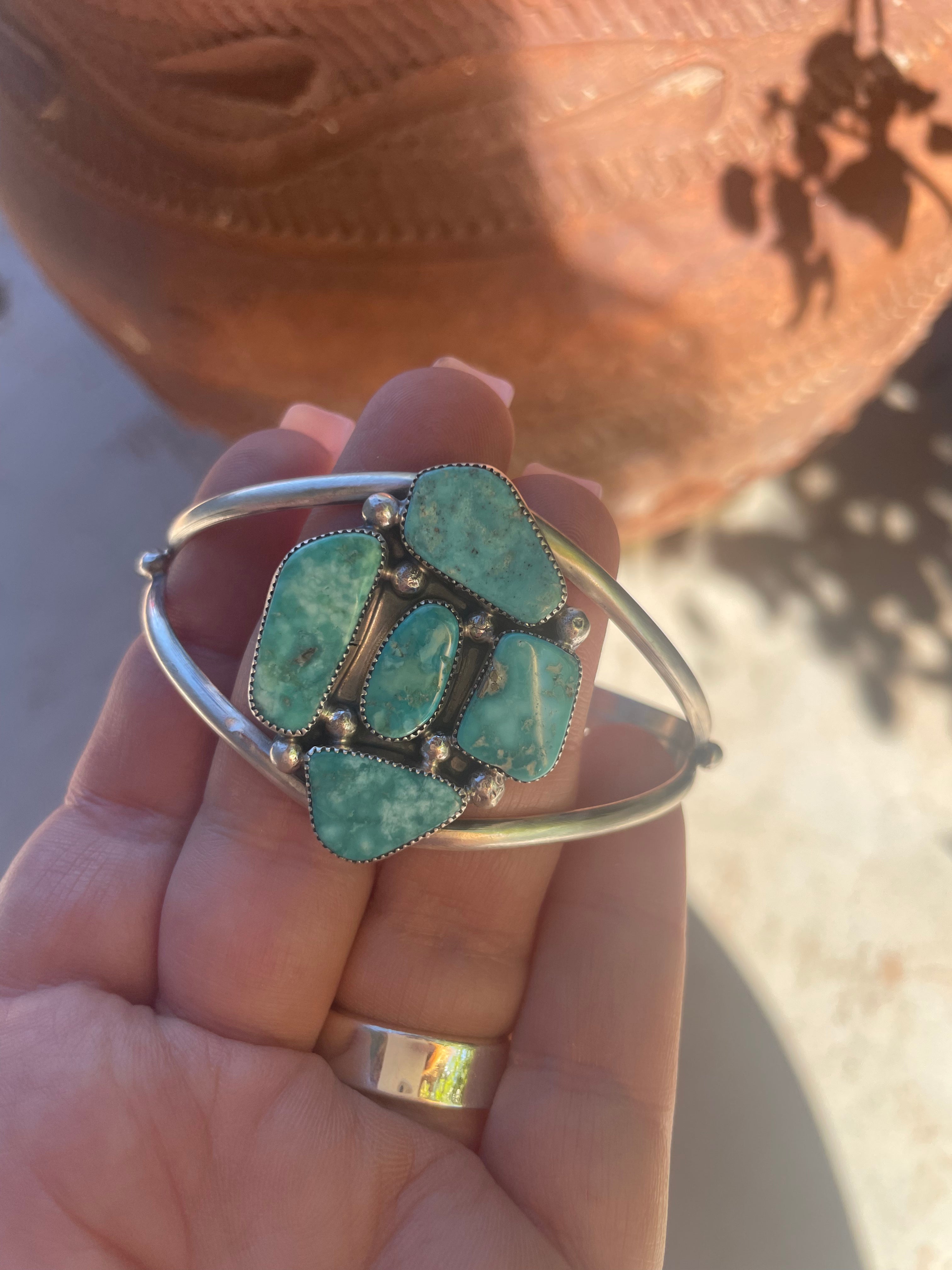 “The Jessi” Navajo Turquoise & Sterling Cluster Adjustable Cuff By J Begay