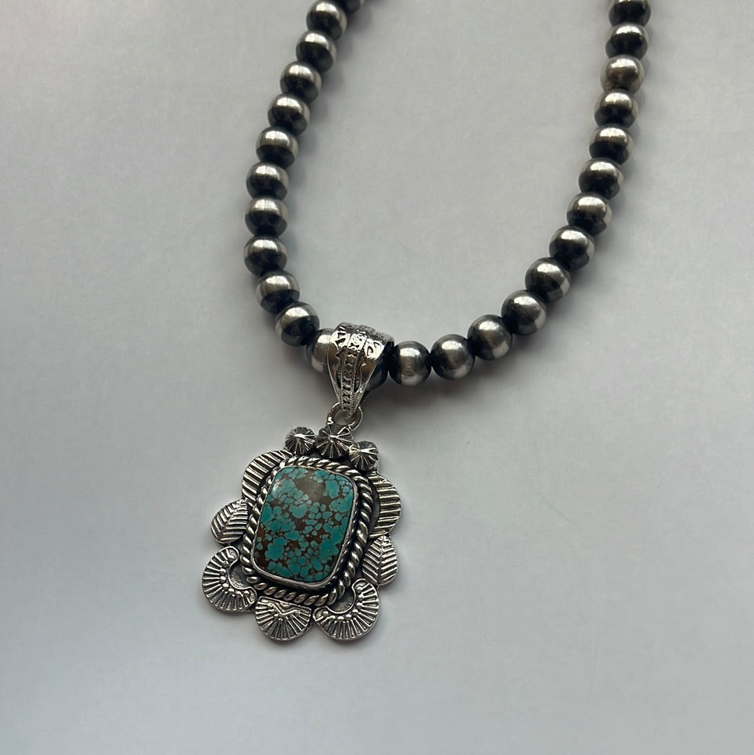 Handmade Sterling Silver & Number 8 Turquoise Pendant Signed Nizhoni