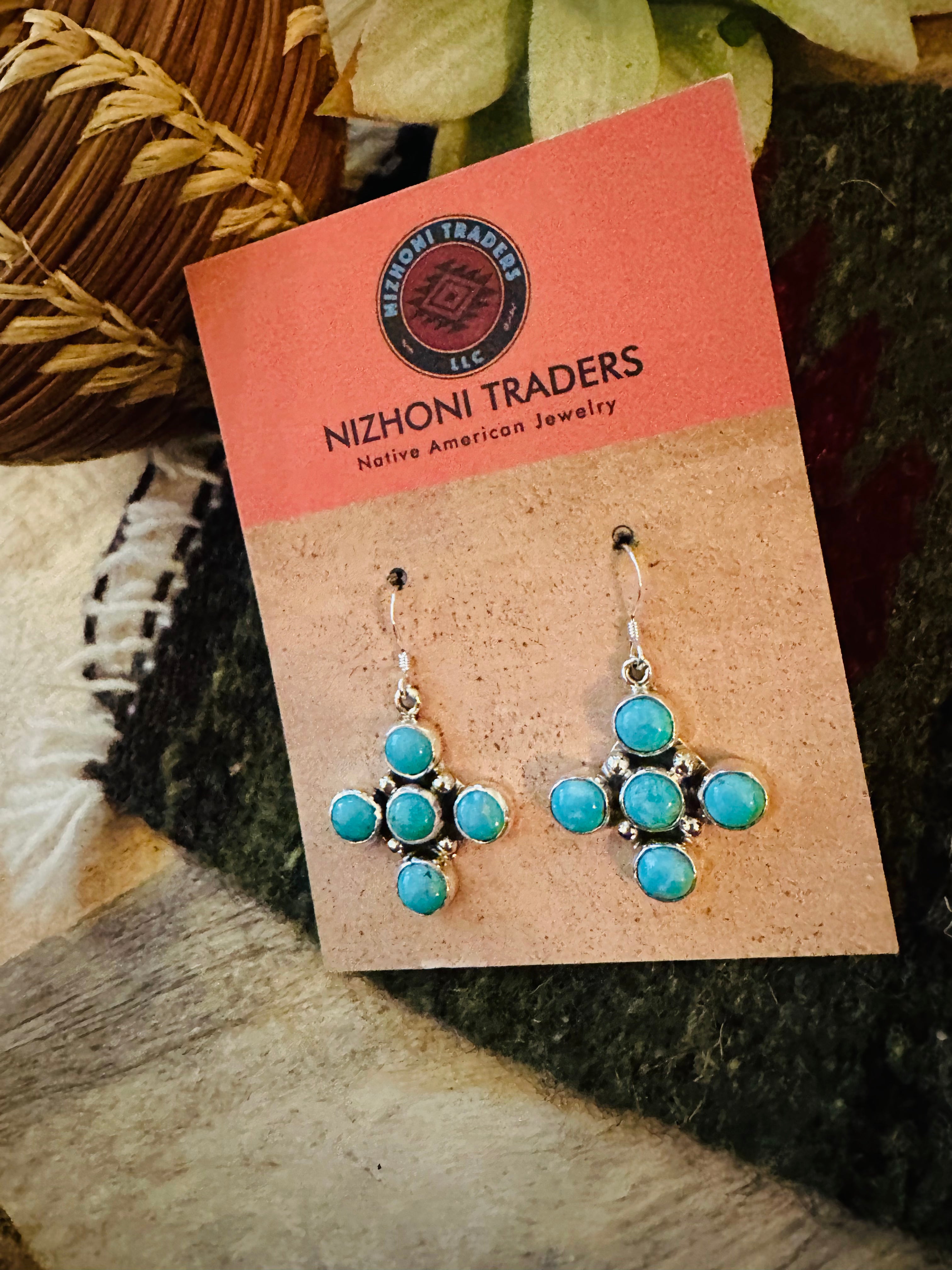 Navajo Sterling Silver & Turquoise Cluster Cross Dangle Earrings