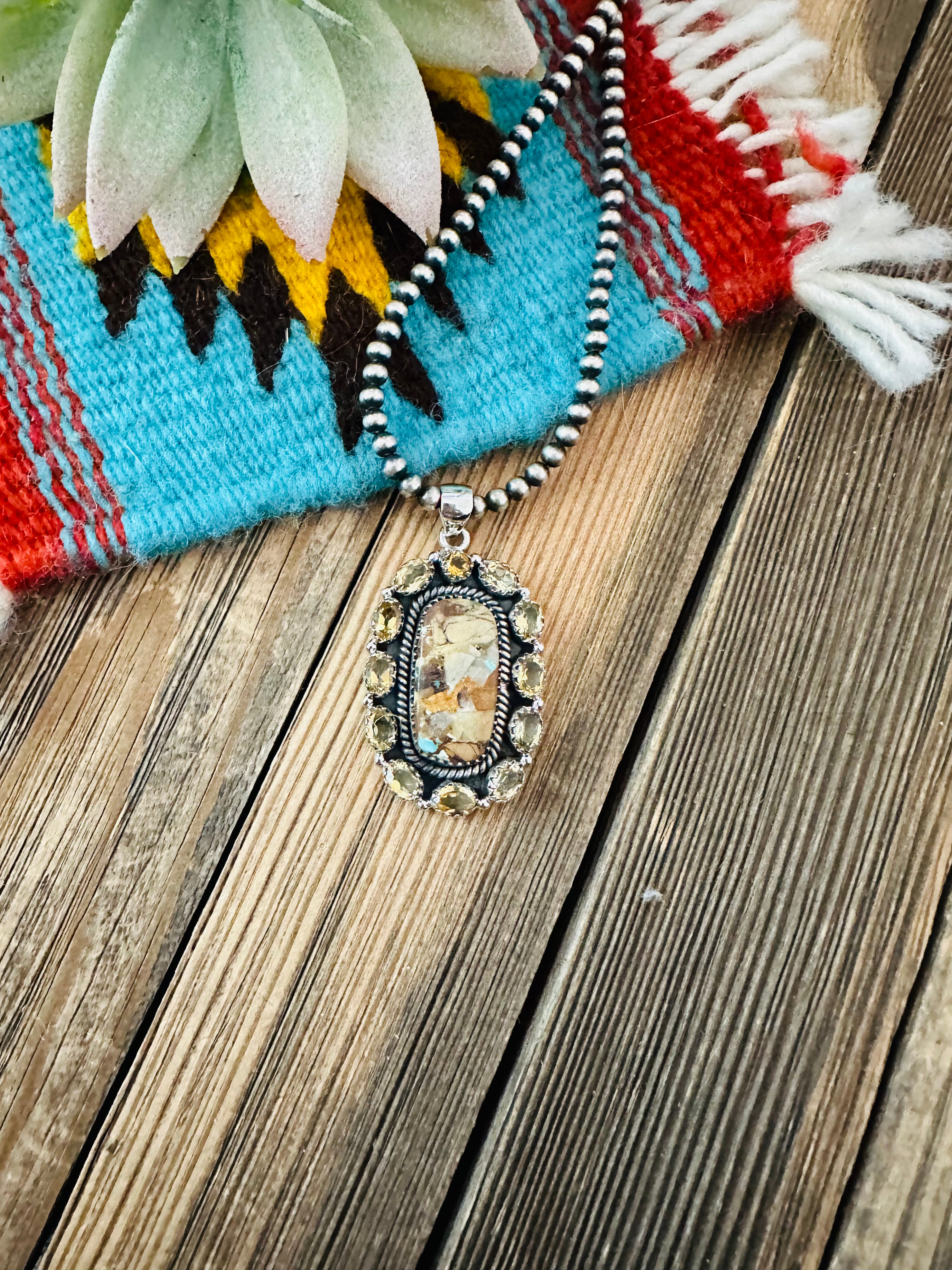 Handmade Sterling Silver, Turquoise & Citrine Cluster Pendant