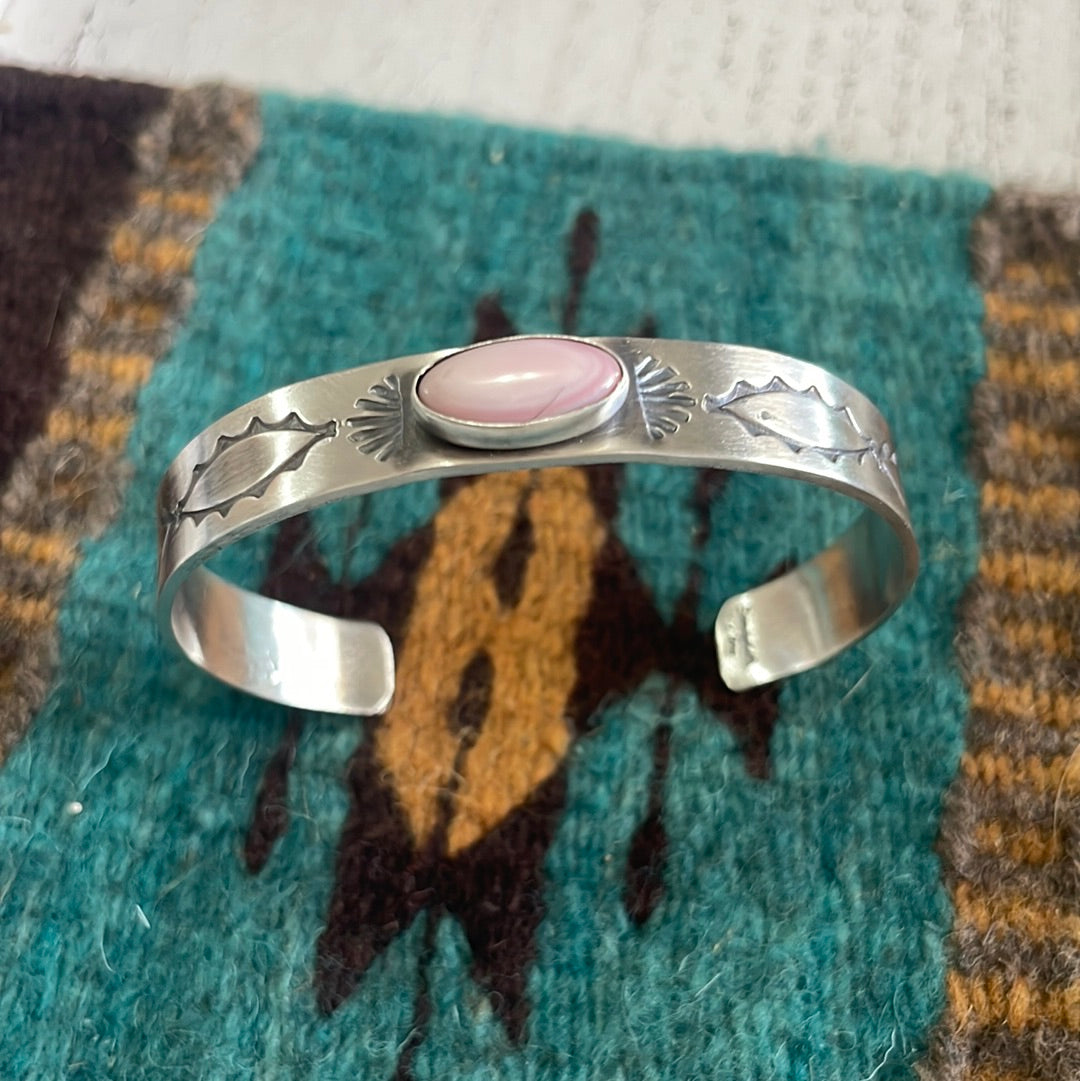 Navajo Pink Conch & Sterling Silver Adjustable Cuff Bracelet Signed