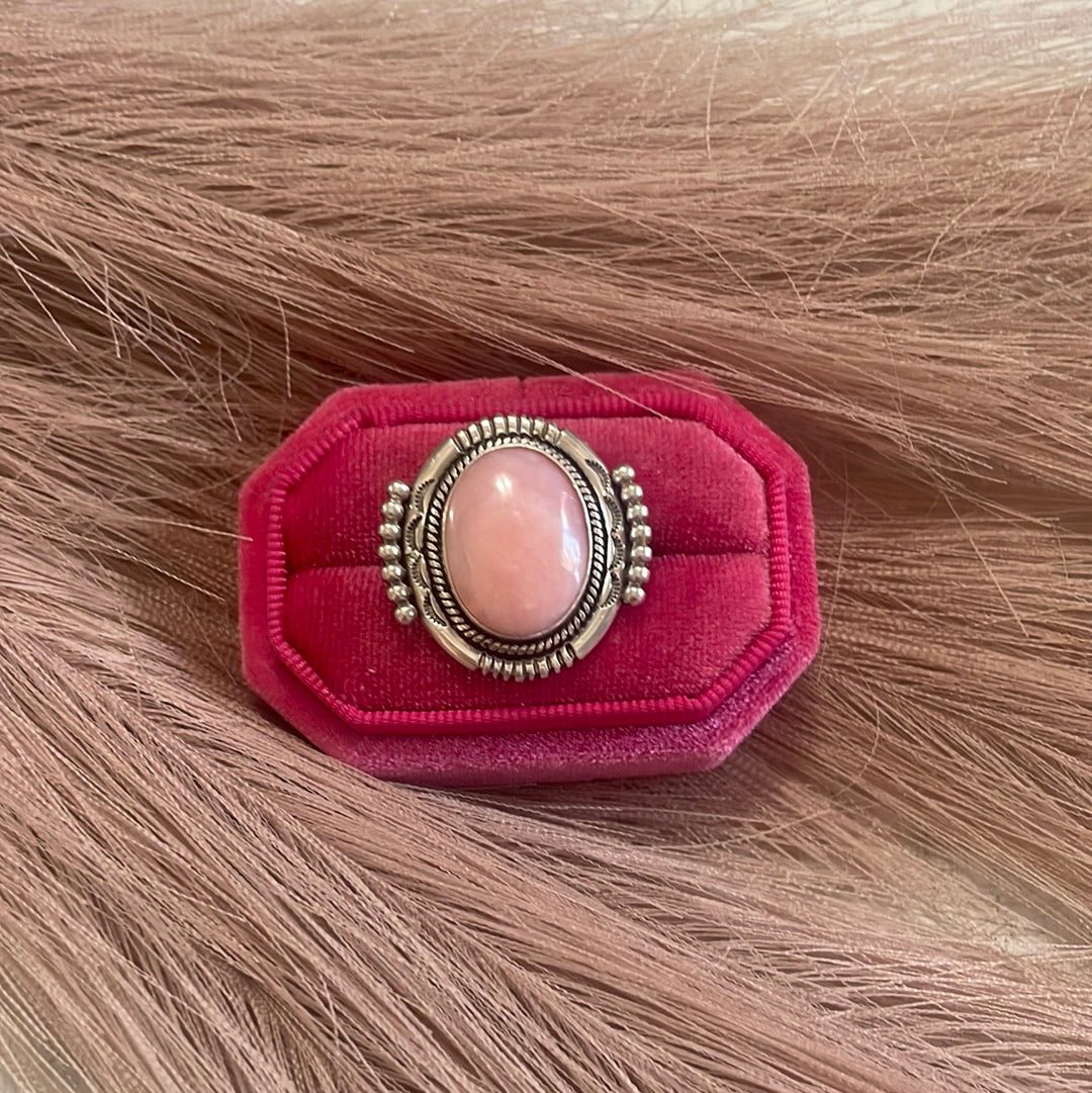 Gorgeous Navajo Pink Peruvian Opal And Sterling Silver Adjustable Ring