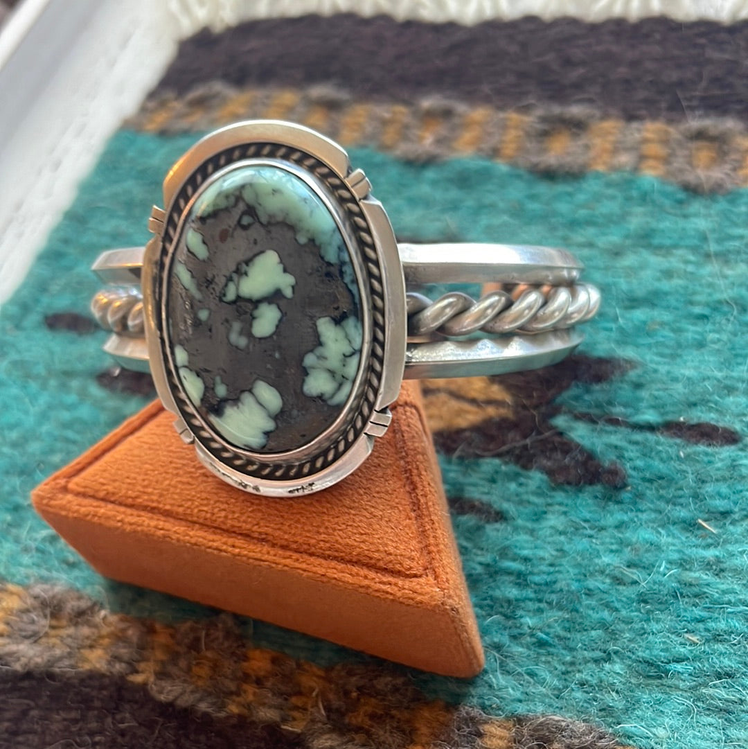 Beautiful Navajo New Lander Turquoise & Sterling Silver Cuff Bracelet Signed