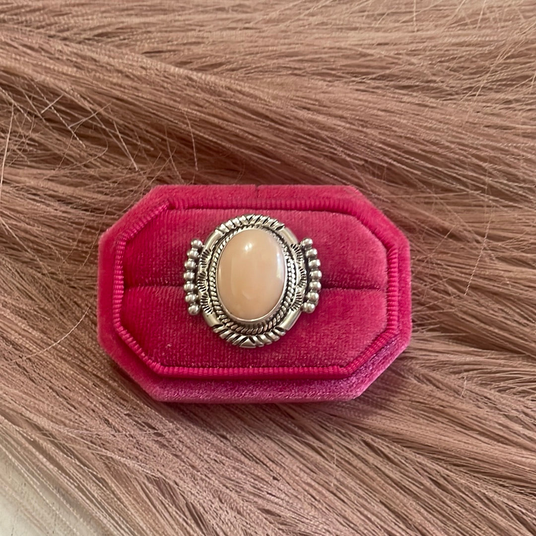 Gorgeous Navajo Pink Peruvian Opal And Sterling Silver Adjustable Ring