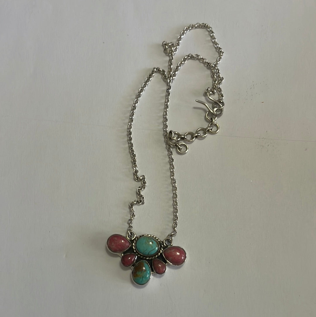 Handmade Sterling Silver, Rhodonite & Turquoise Necklace