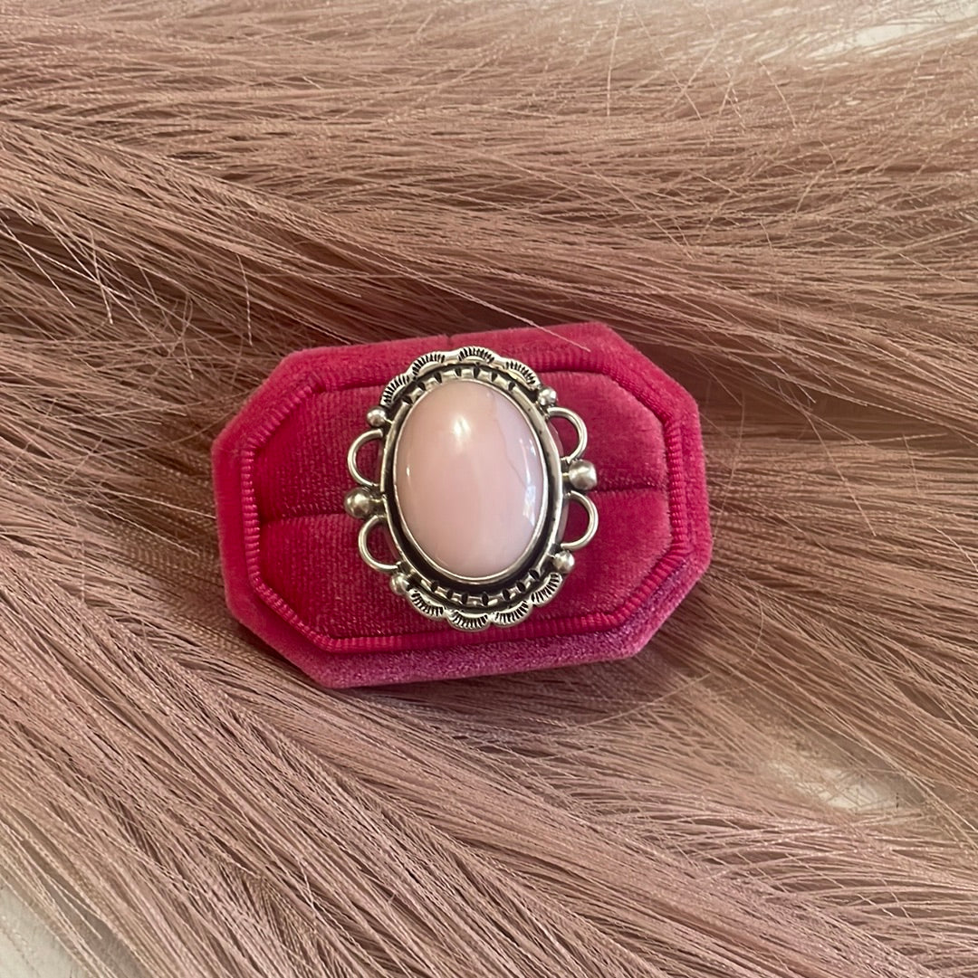 Gorgeous Navajo Pink Peruvian Opal And Sterling Silver Adjustable Ring