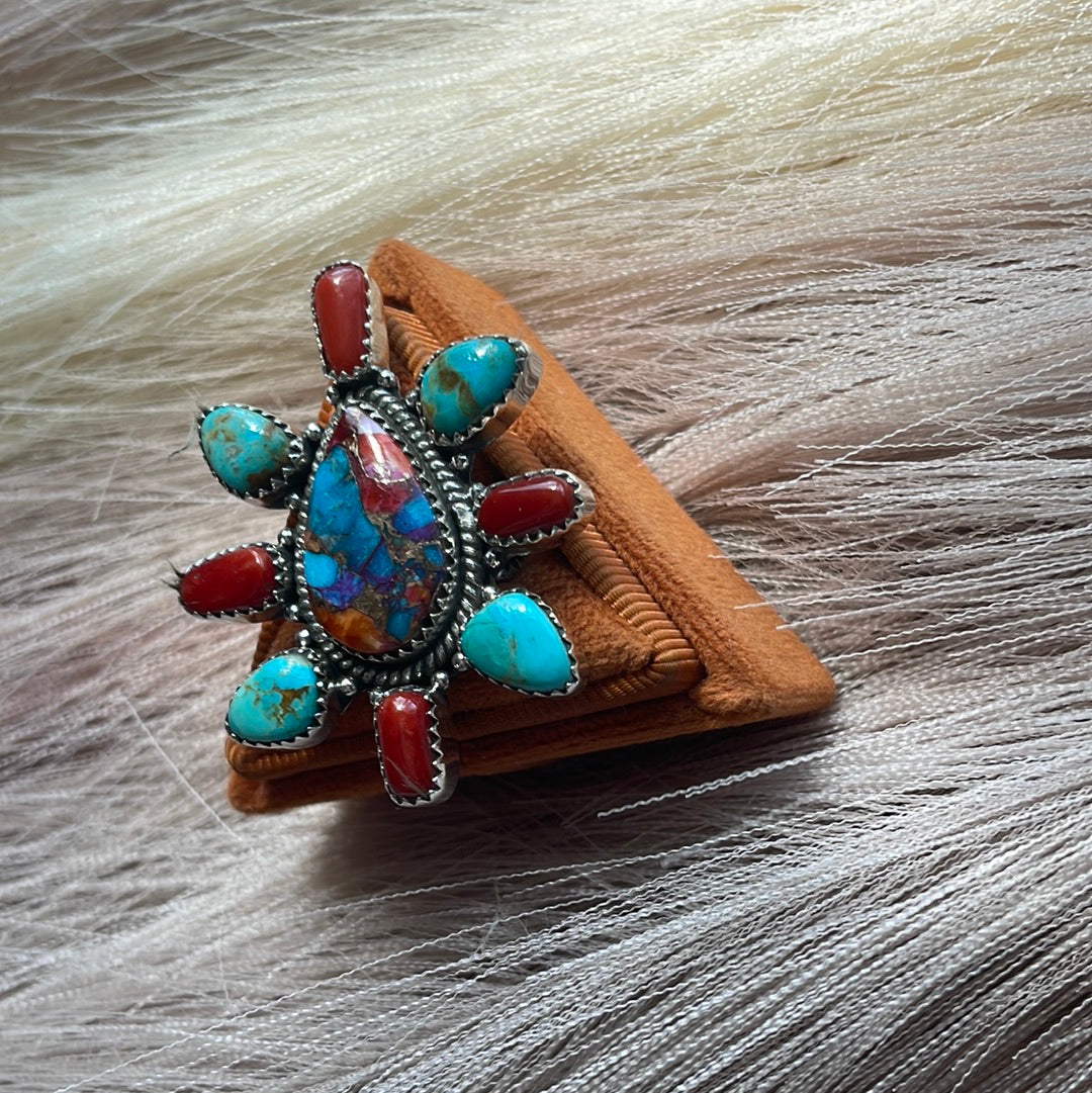 Handmade Sterling Silver, Turquoise, Coral & Blue Mojave Adjustable Ring Signed Nizhoni