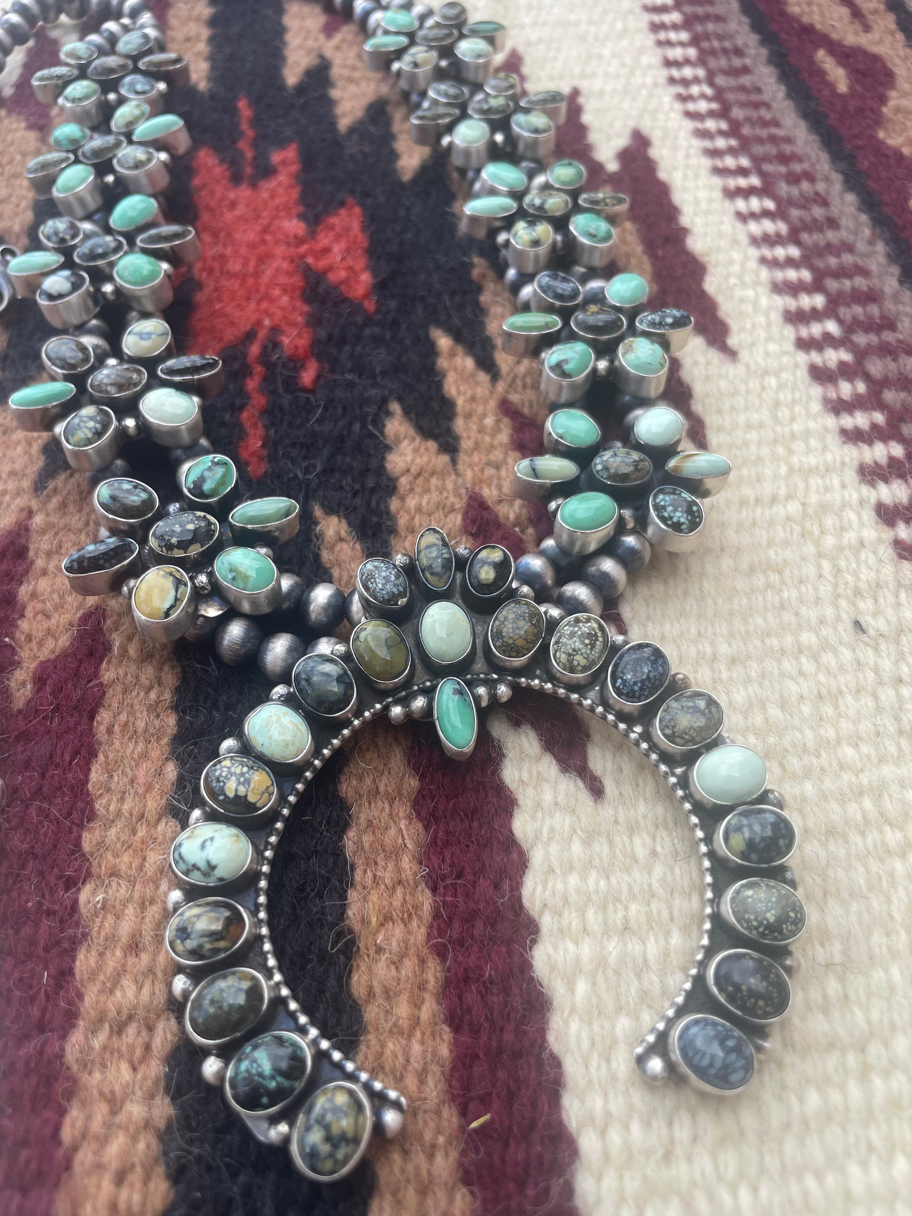 Beautiful Navajo Sterling Silver Tibetan Turquoise Squash Blossom Necklace & Earring Set Signed B Yellowhorse