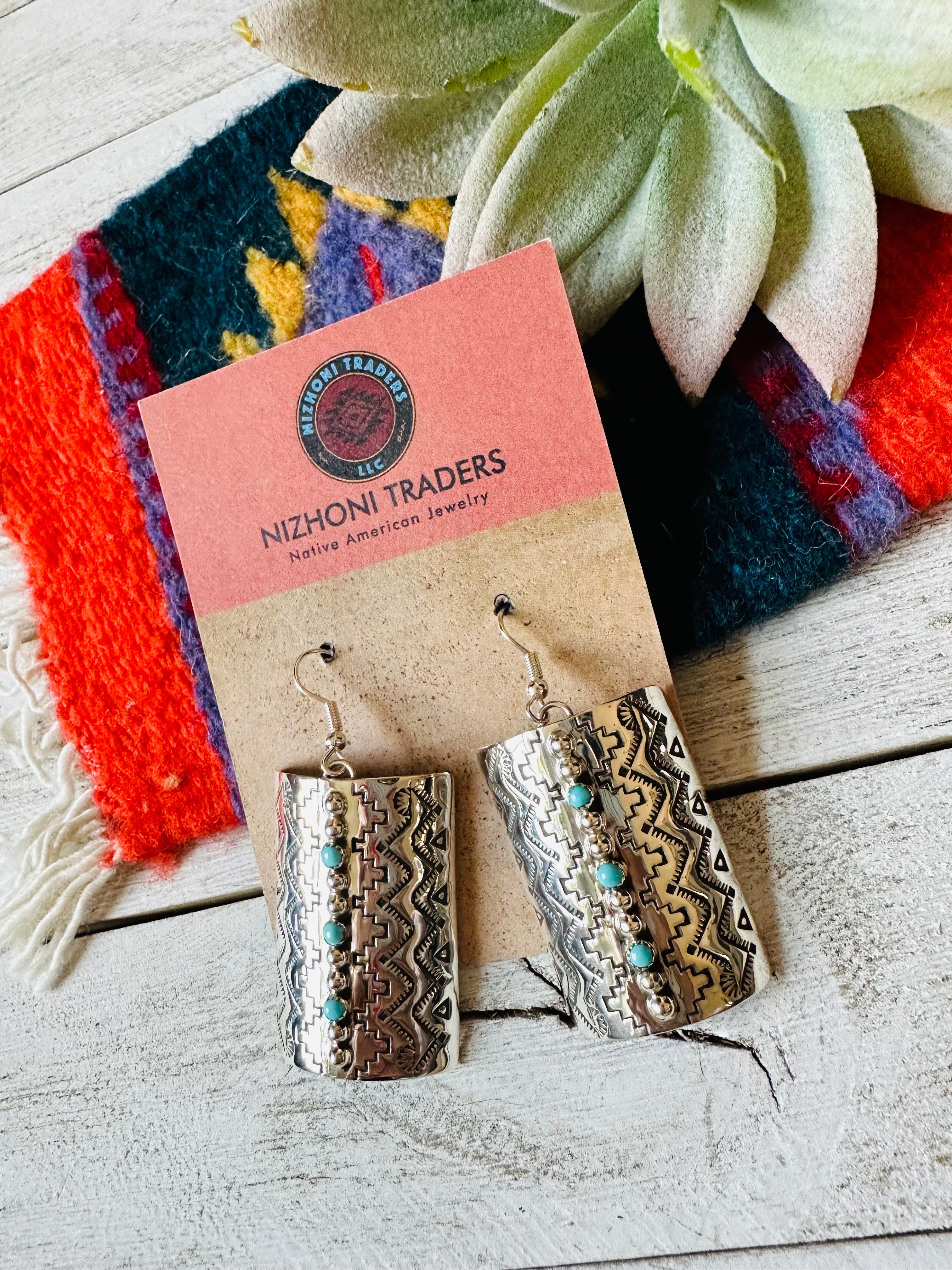 Navajo Hand Stamped Sterling Silver & Turquoise Dangle Earrings