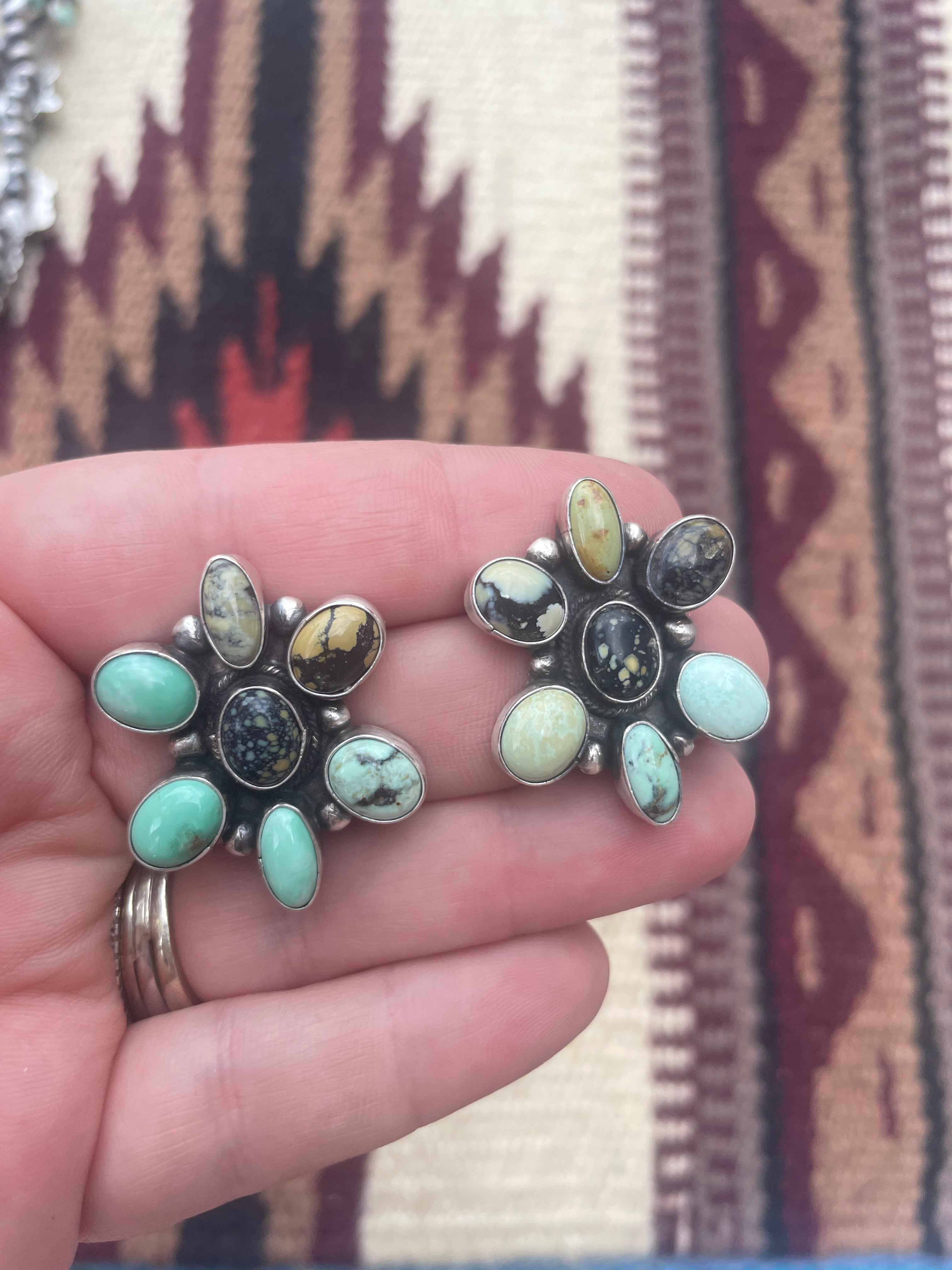 Beautiful Navajo Sterling Silver Tibetan Turquoise Squash Blossom Necklace & Earring Set Signed B Yellowhorse