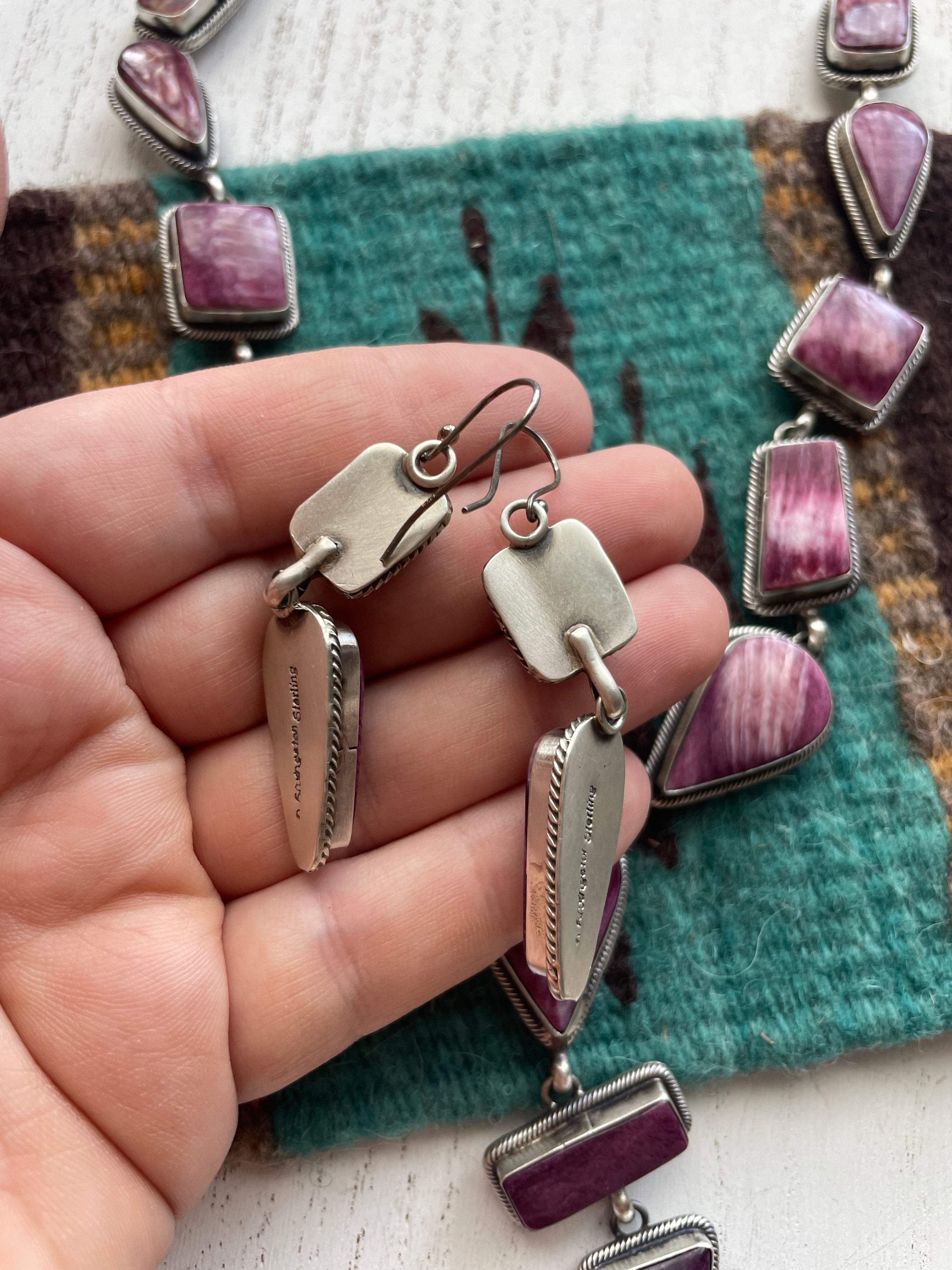 Navajo Purple Spiny And Sterling Silver Necklace & Earrings Signed