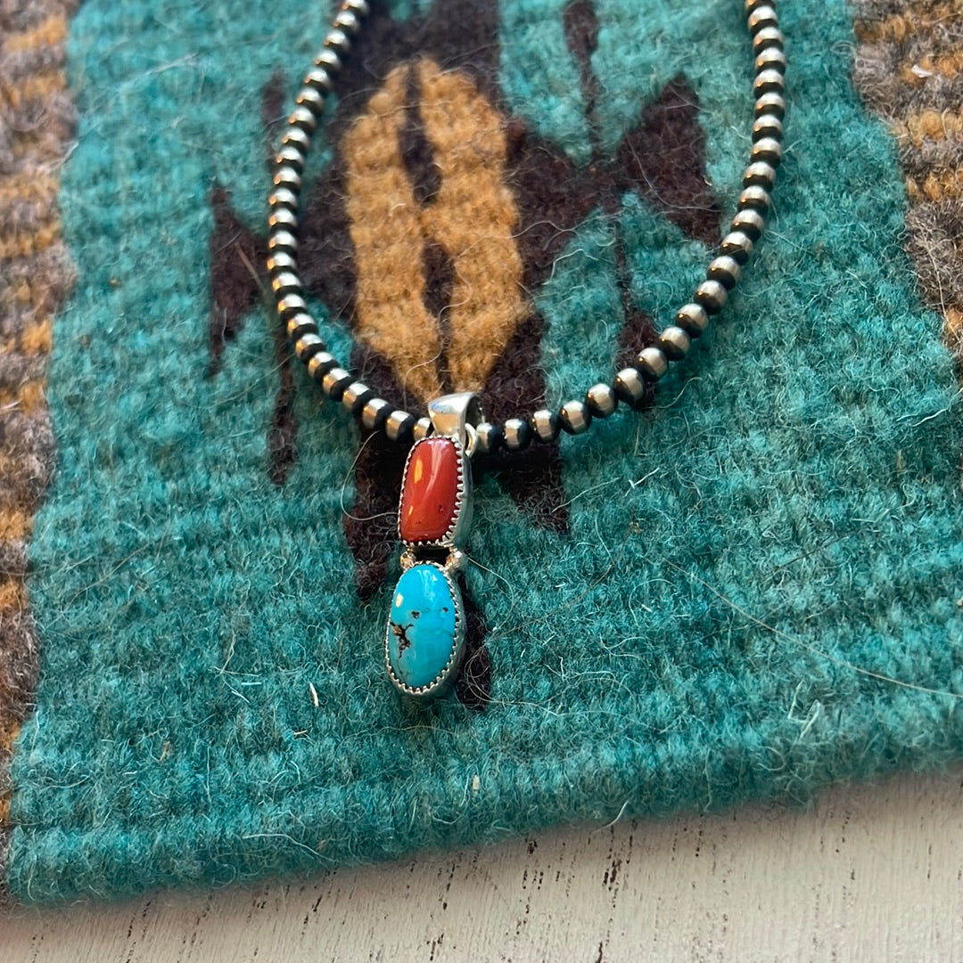 Navajo Sterling Silver, Coral & Turquoise 2 Stone Pendant