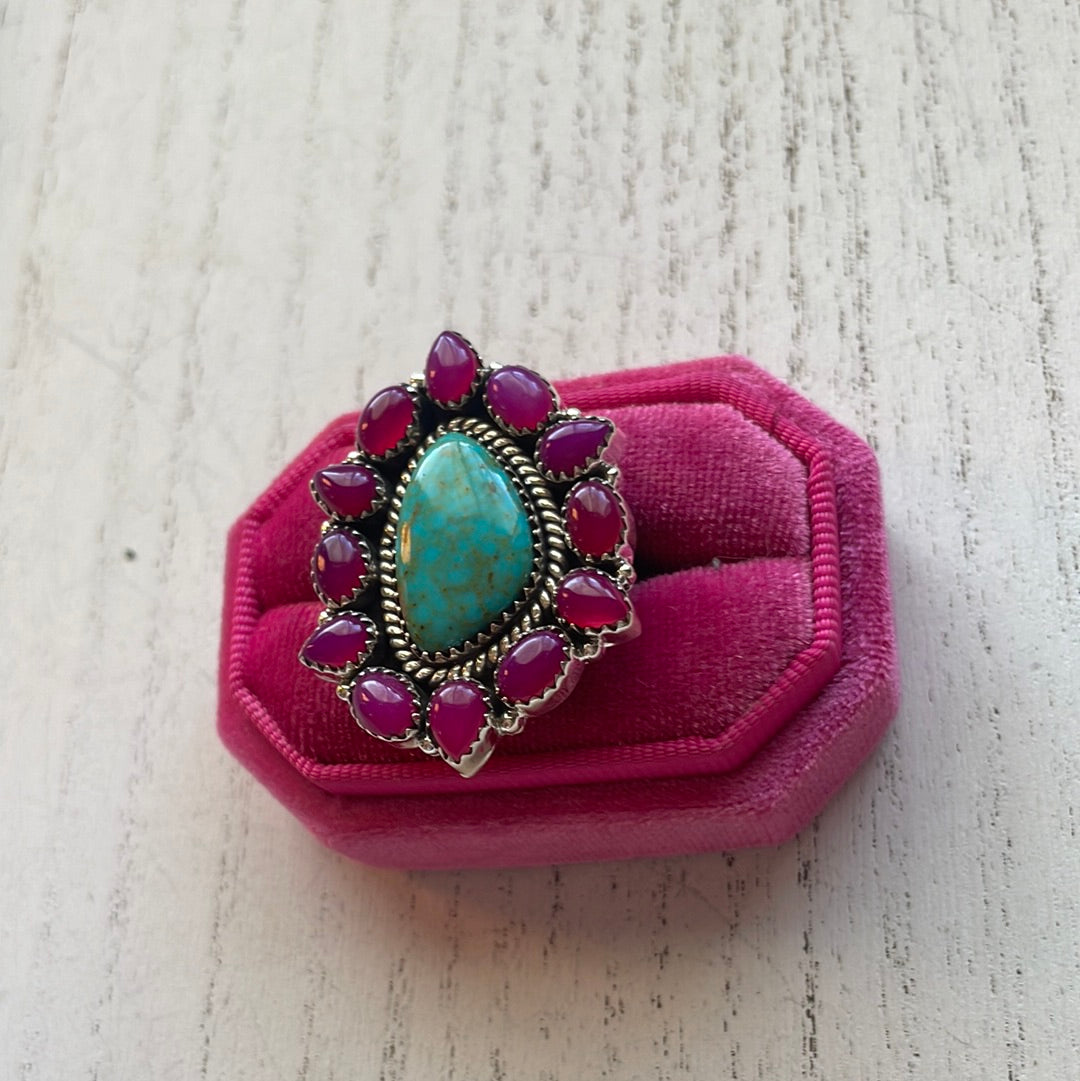 Handmade Pink Onyx & Turquoise Sterling Silver Adjustable Ring Signed Nizhoni