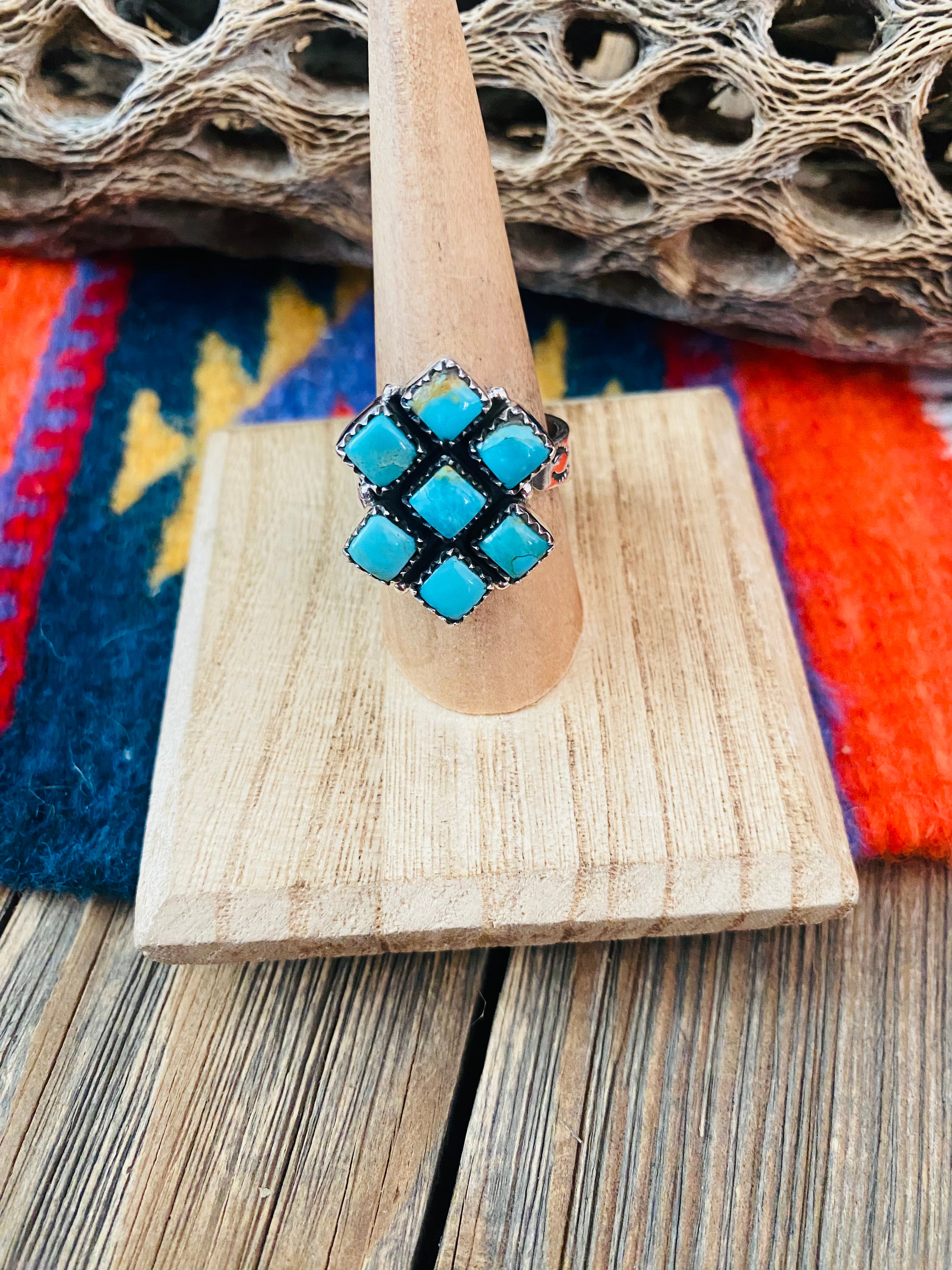 Handmade Sterling Silver & Turquoise Cluster Adjustable Ring