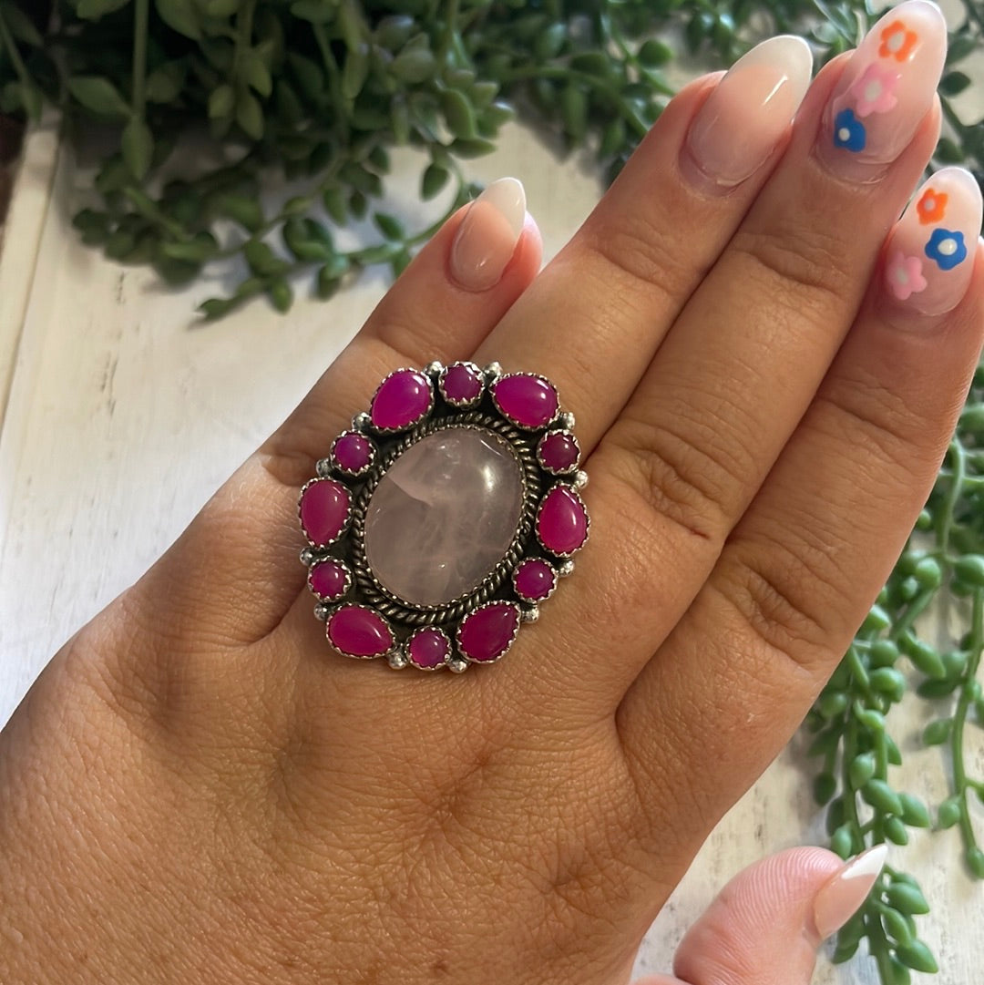 Nizhoni Handmade Rose Quartz, Pink Onyx And Sterling Silver Adjustable Ring