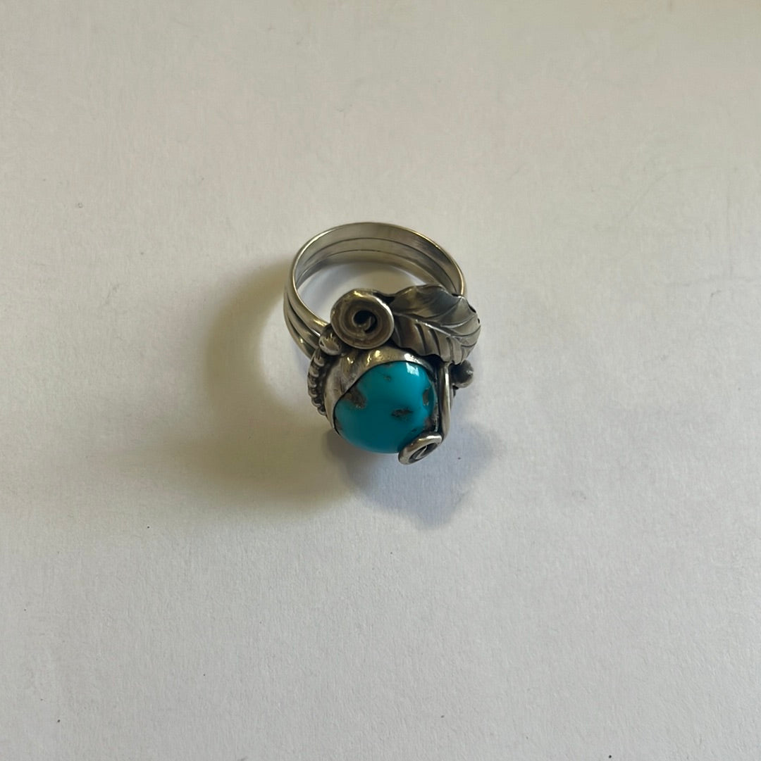 Navajo Turquoise & Sterling Silver Feather Ring Signed Size 8.75