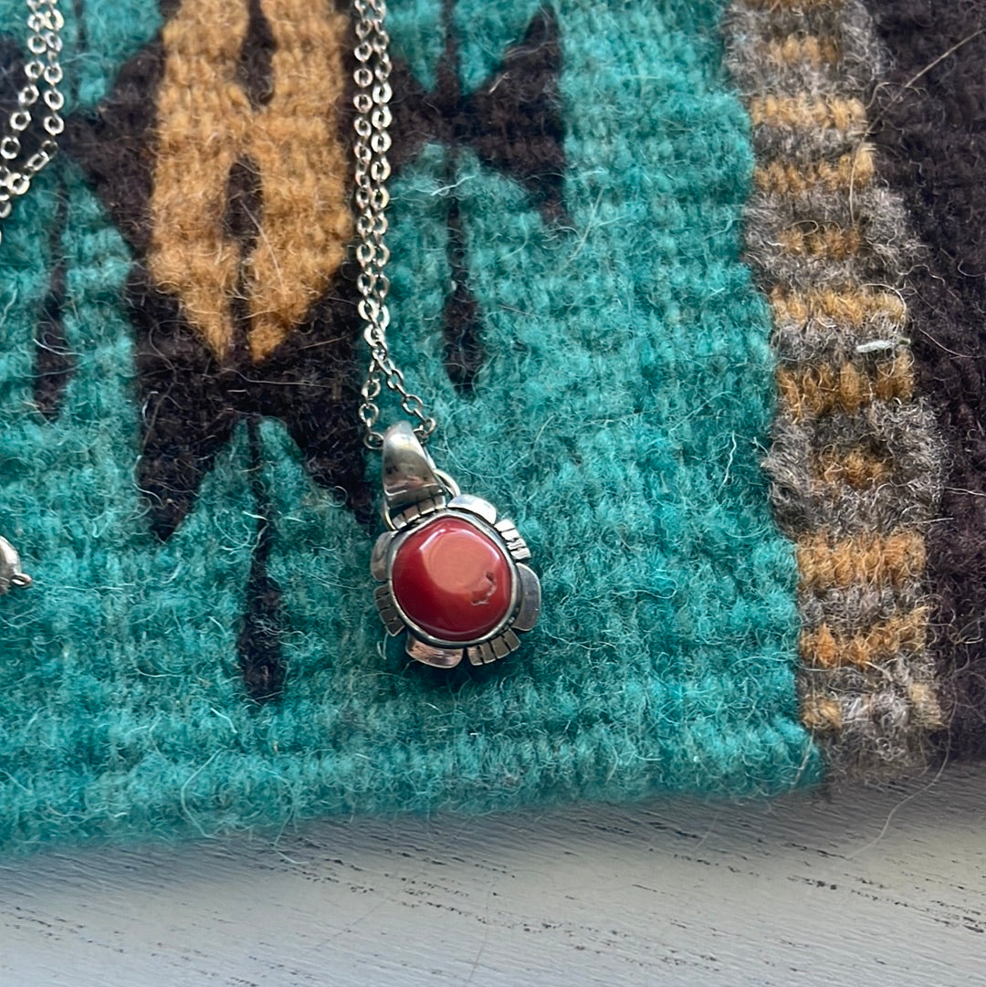 Navajo Natural Red Coral & Sterling Silver Pendant Signed