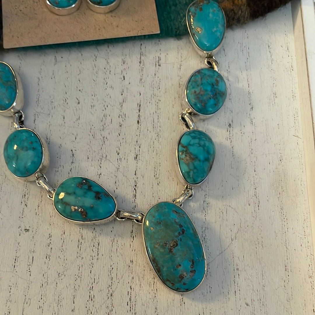 Navajo Turquoise And Sterling Silver Necklace & Dangle Earrings Set Signed