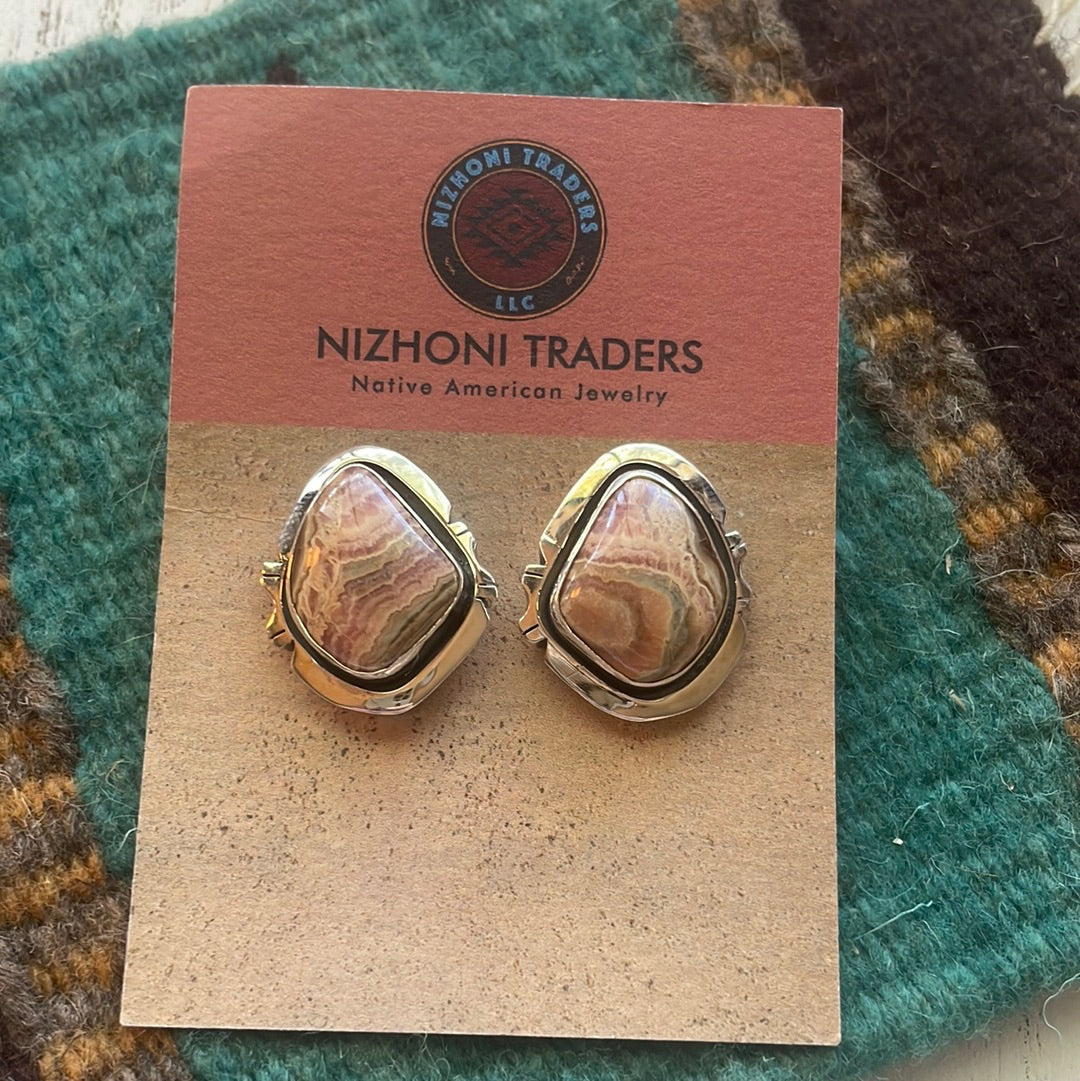 Navajo Sterling Silver & Rhodochrosite Stone Post Earrings Signed