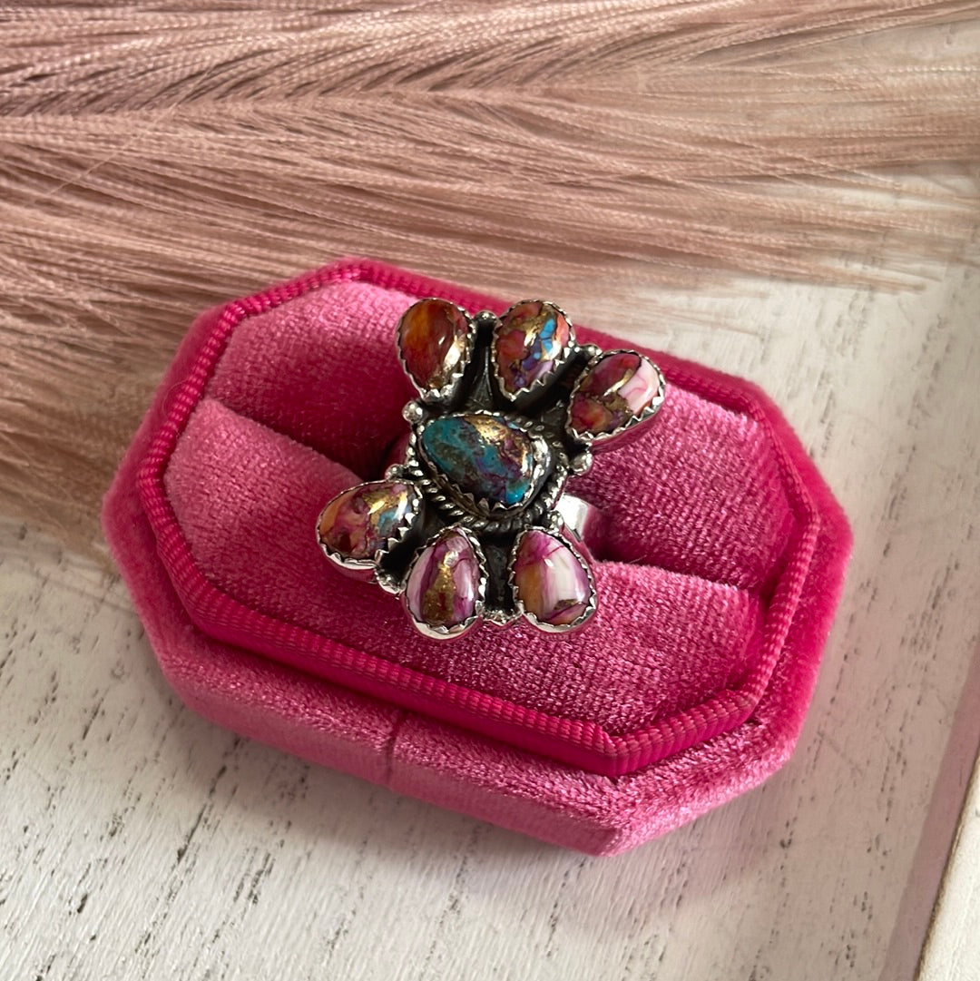 “The Willow” Handmade Sterling Silver, Pink & Purple Dream Cluster Adjustable Ring Signed Nizhoni