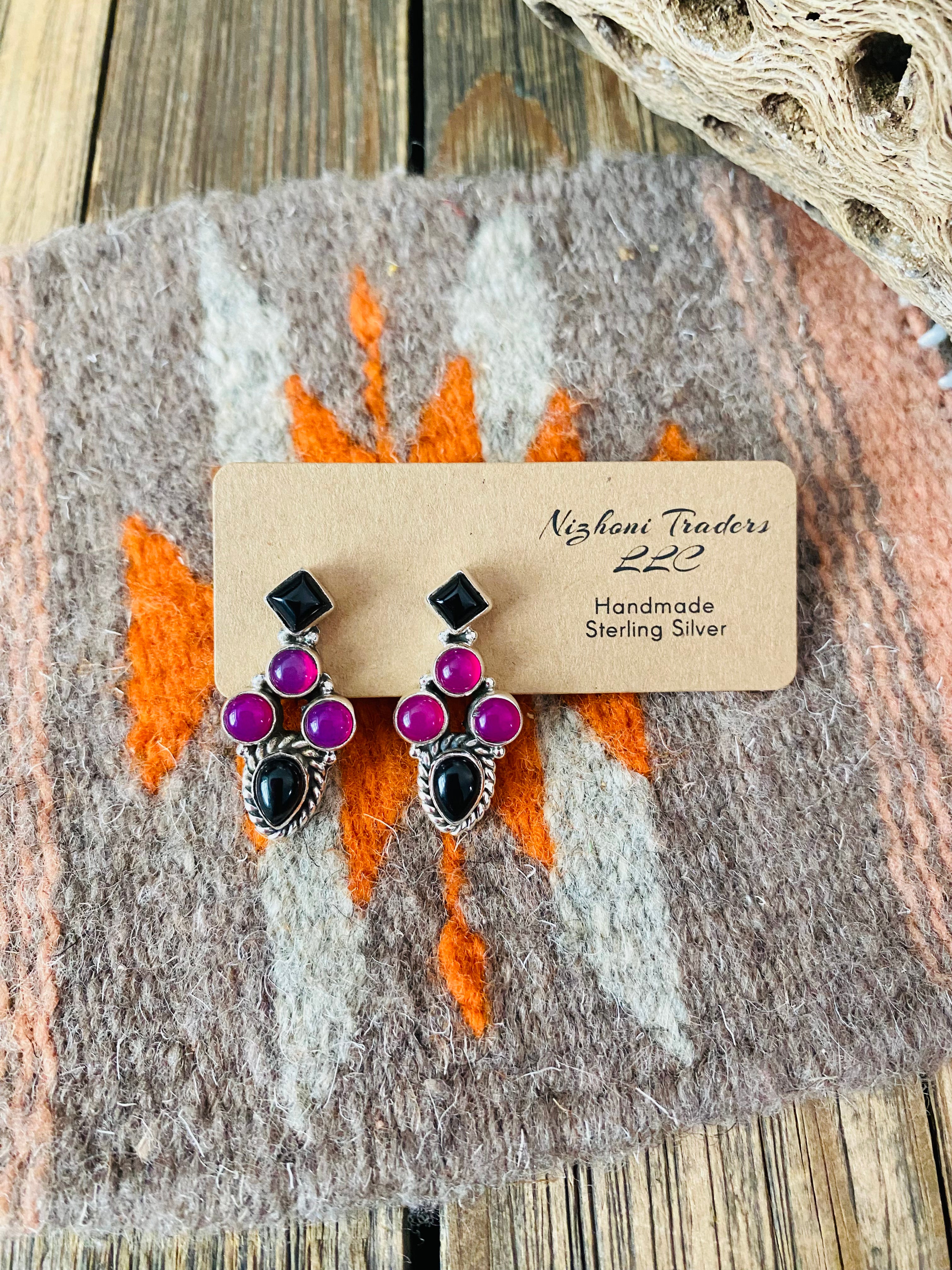 Handmade Pink & Black Onyx Sterling Silver Post Earrings Signed Nizhoni