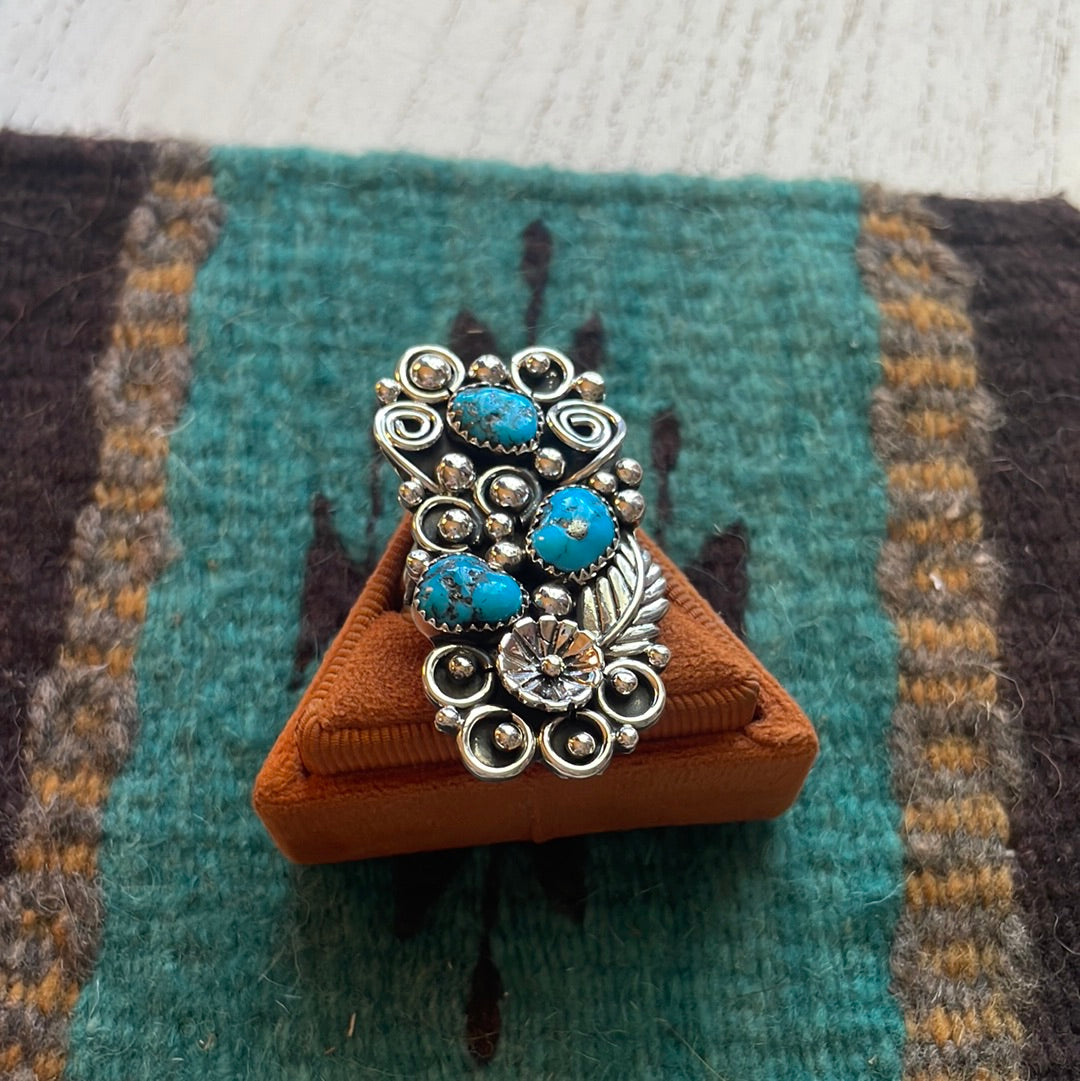 Navajo Sterling Silver & Turquoise Flower Ring Size 11