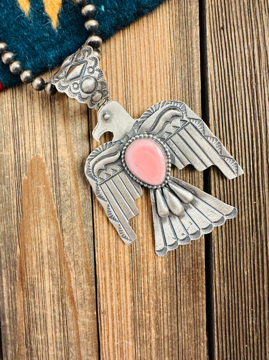 Navajo Queen Pink Conch Sterling Silver Thunderbird Pendant By