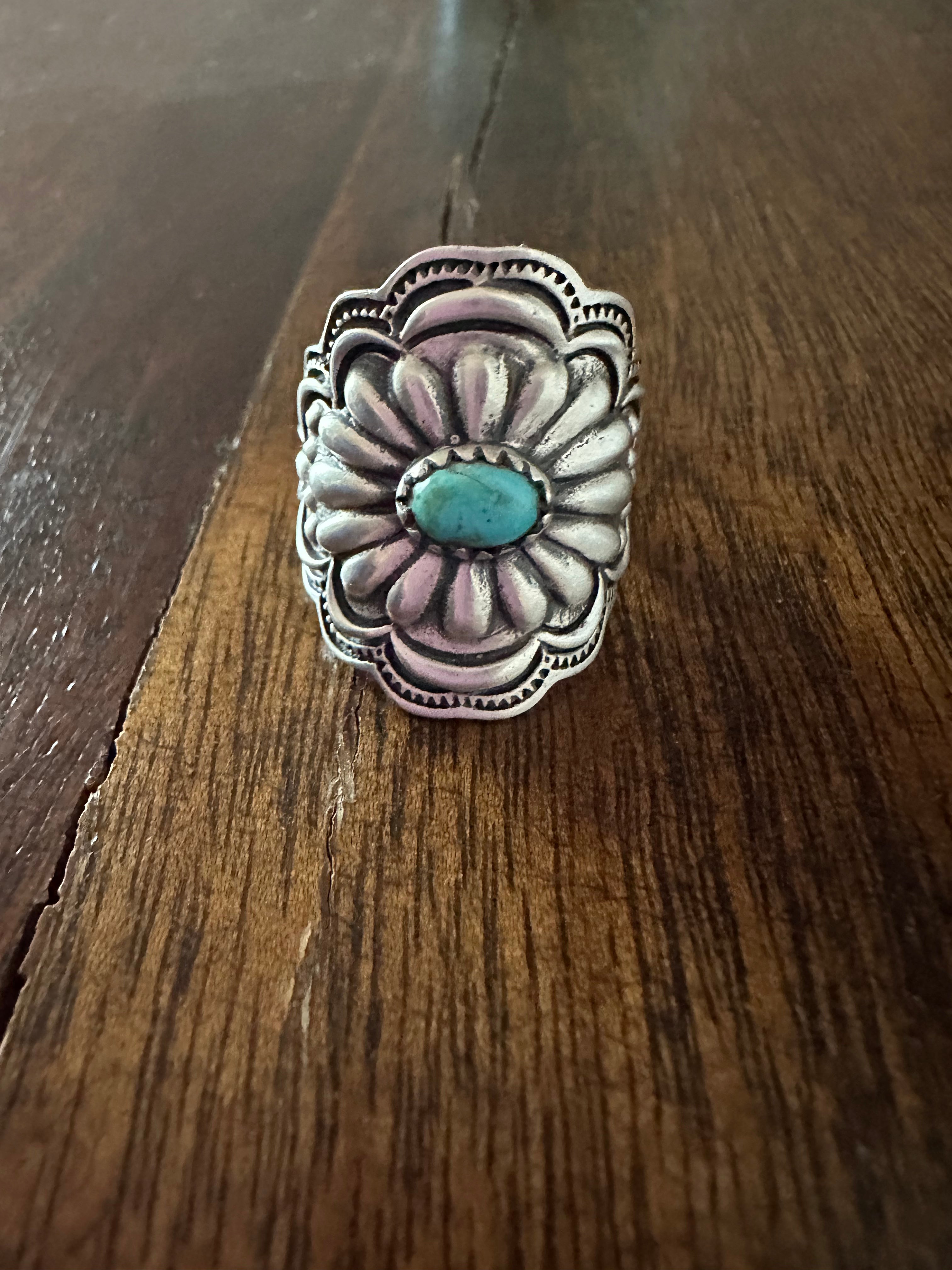 Beautiful Concho Handmade Turquoise And Sterling Silver Adjustable Ring