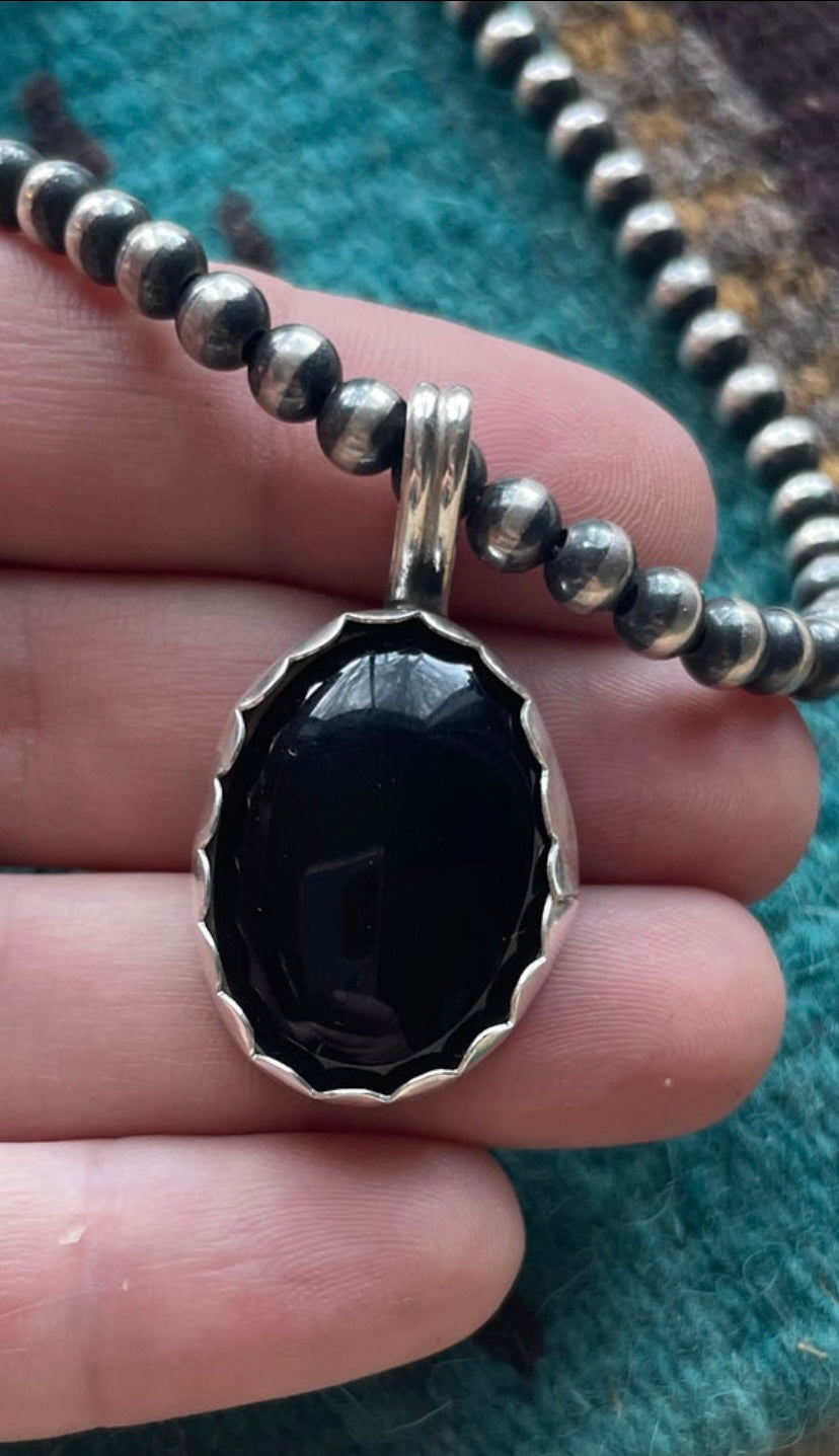 Navajo Black Onyx & Sterling Silver Pendant Signed