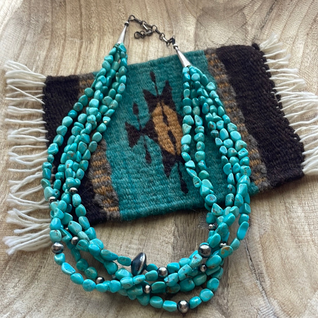 Navajo Turquoise & Sterling Silver 5 Strand Beaded Necklace 20”