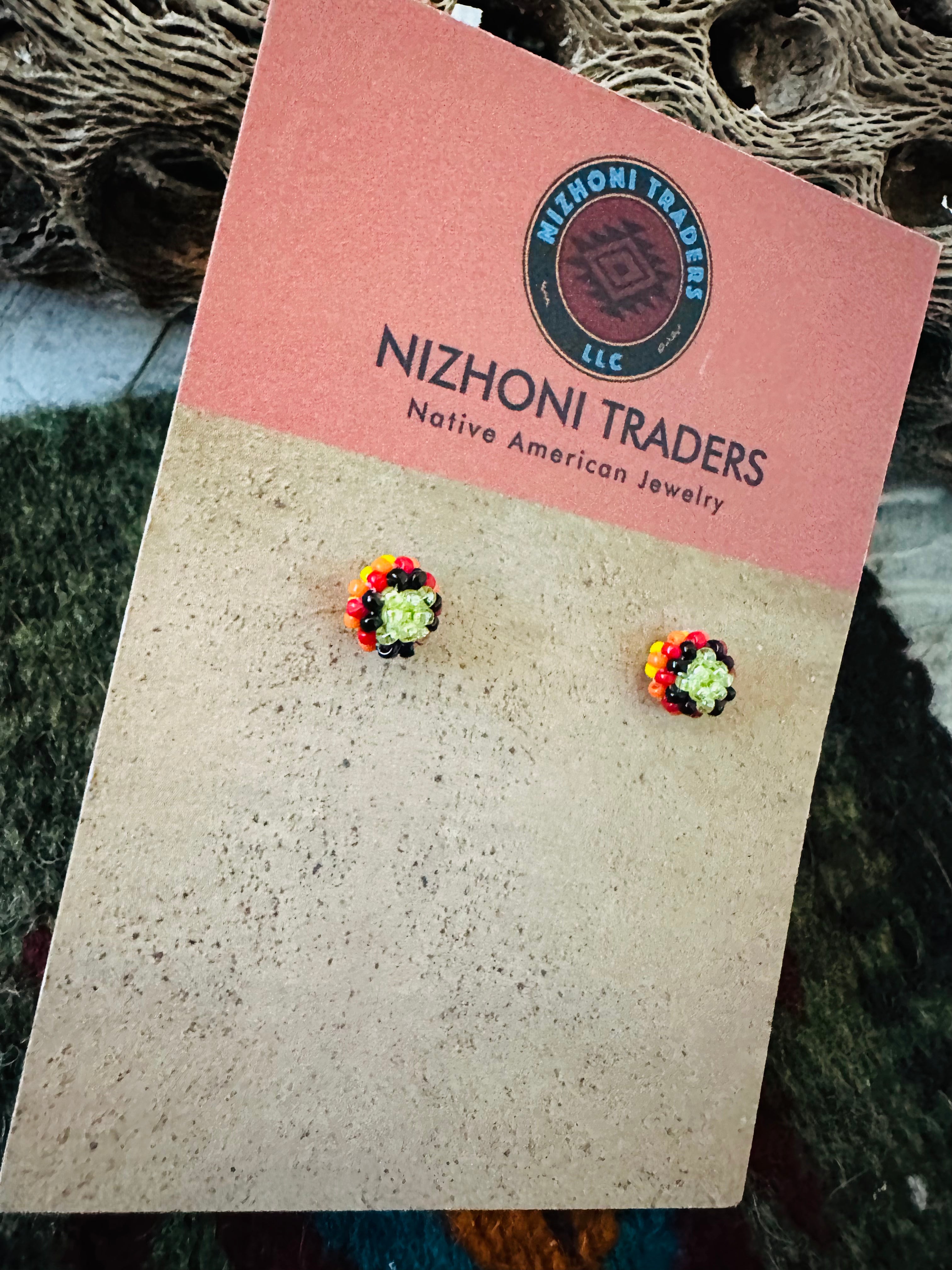 Navajo Handmade Beaded Stud Earrings- yellow