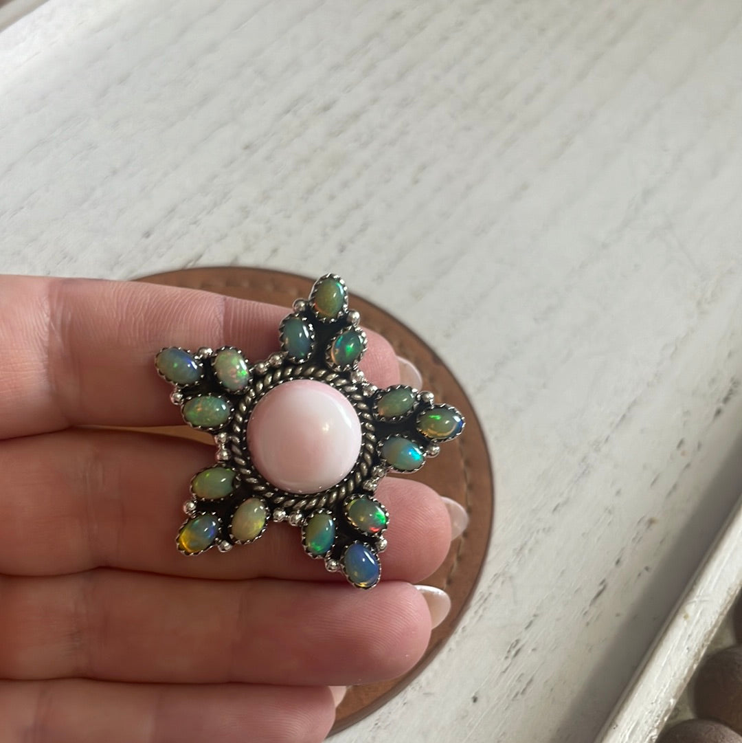 Handmade Pink Conch, Opal And Sterling Silver Adjustable Ring Signed Nizhoni