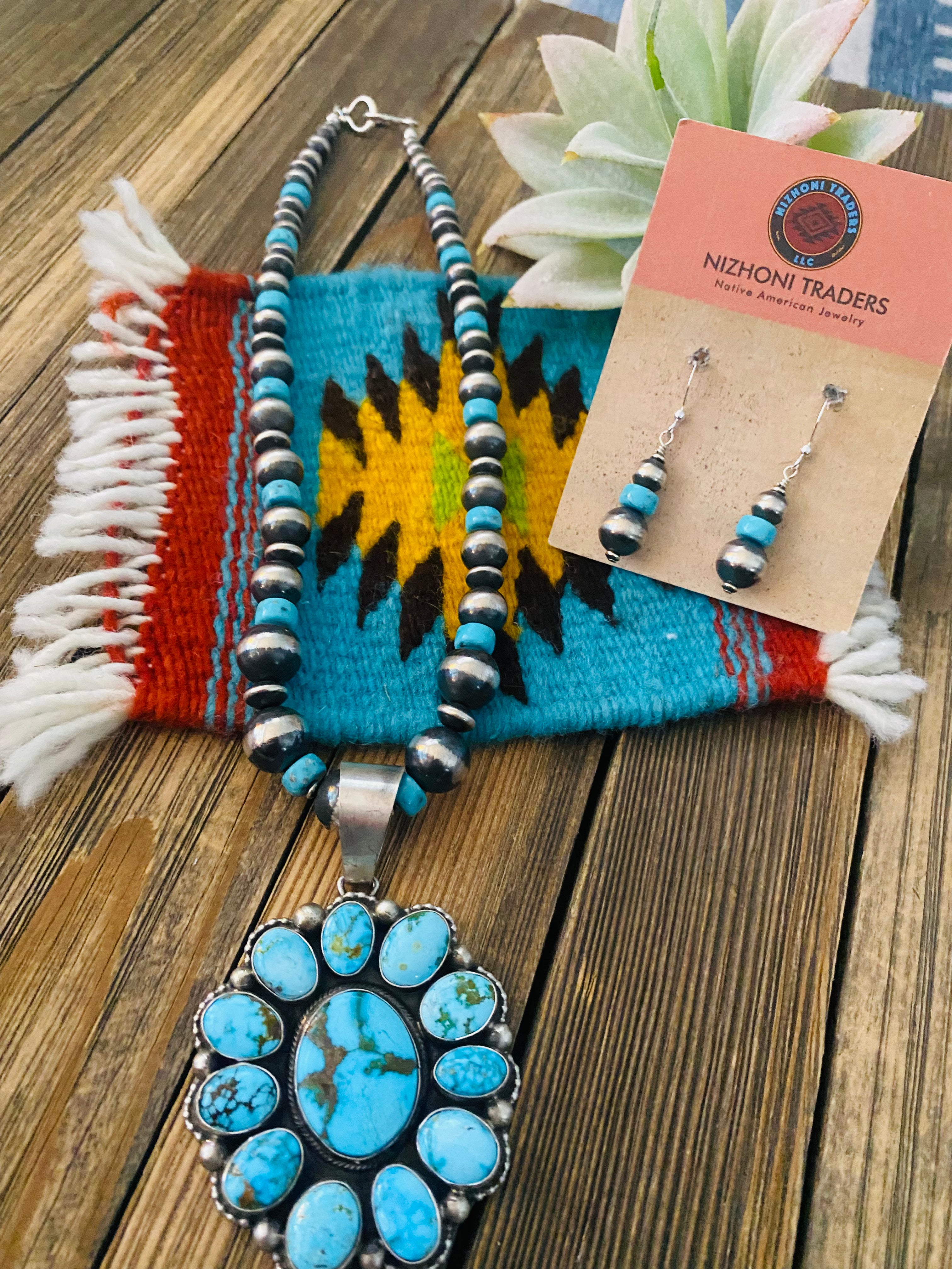 Navajo Sterling Silver & Kingman Turquoise Beaded Necklace Set