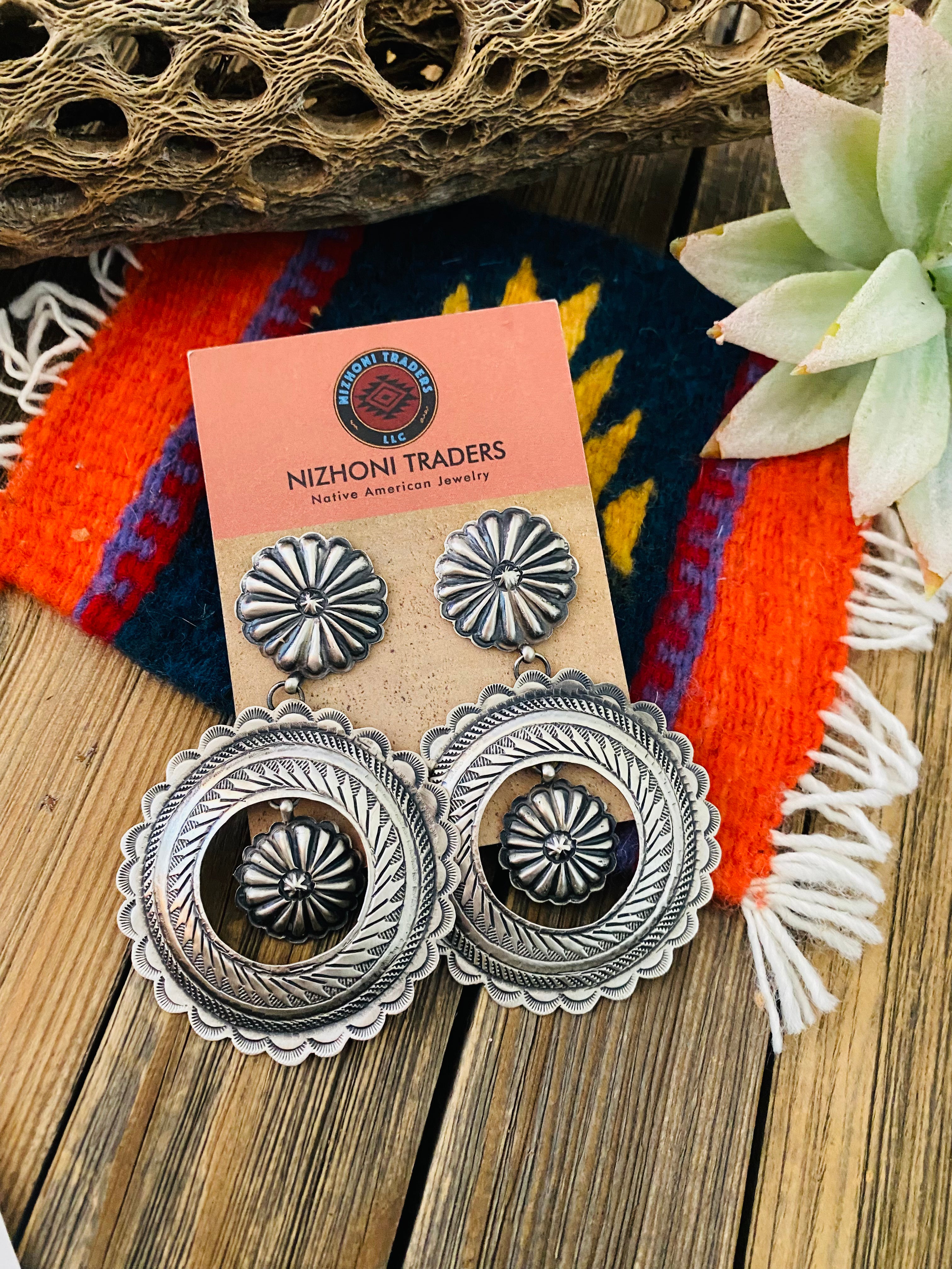 Navajo Hand Stamped Sterling Silver Concho Dangle Earrings