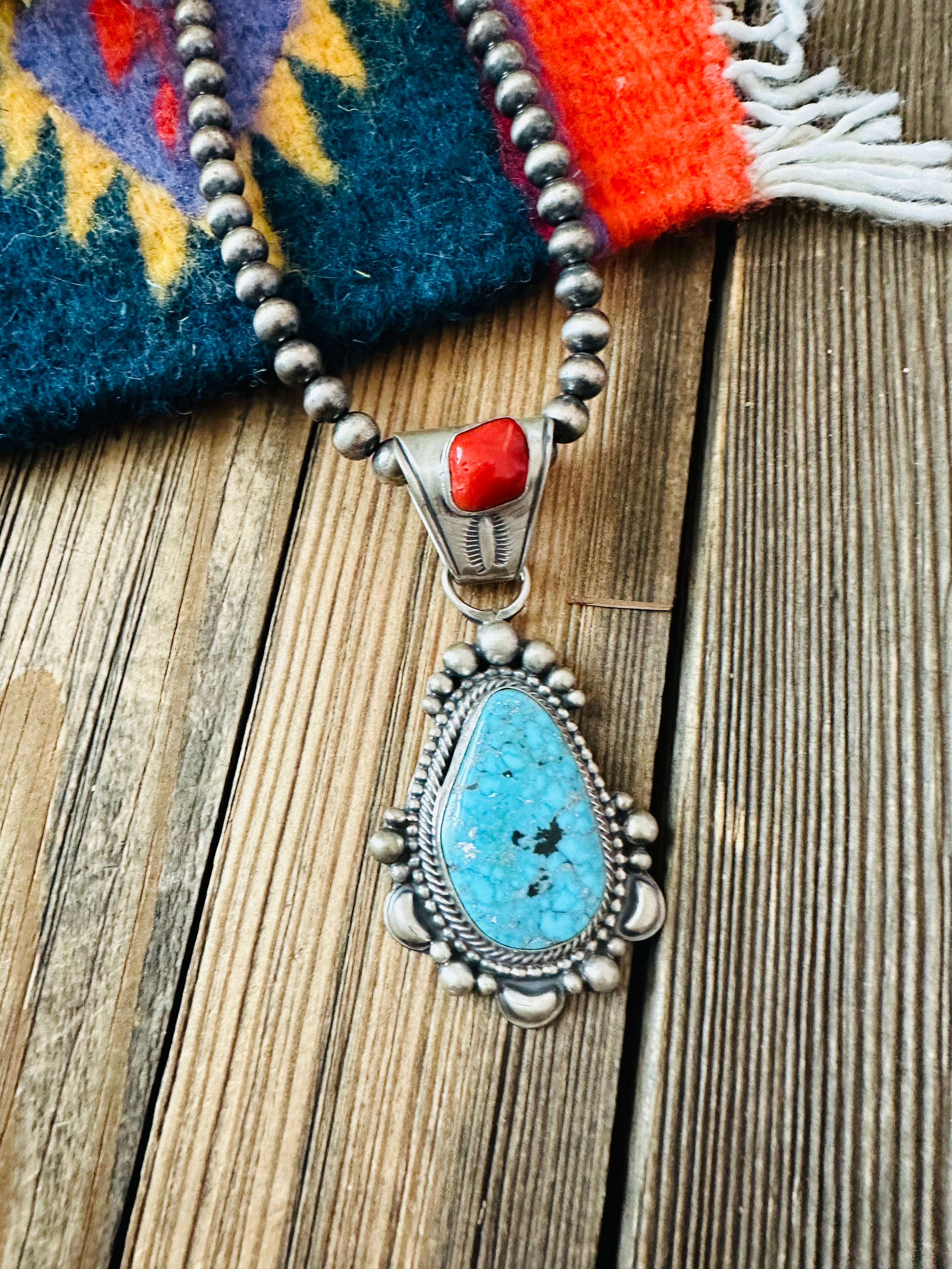 Navajo Sterling Silver, Turquoise & Coral Beaded Necklace