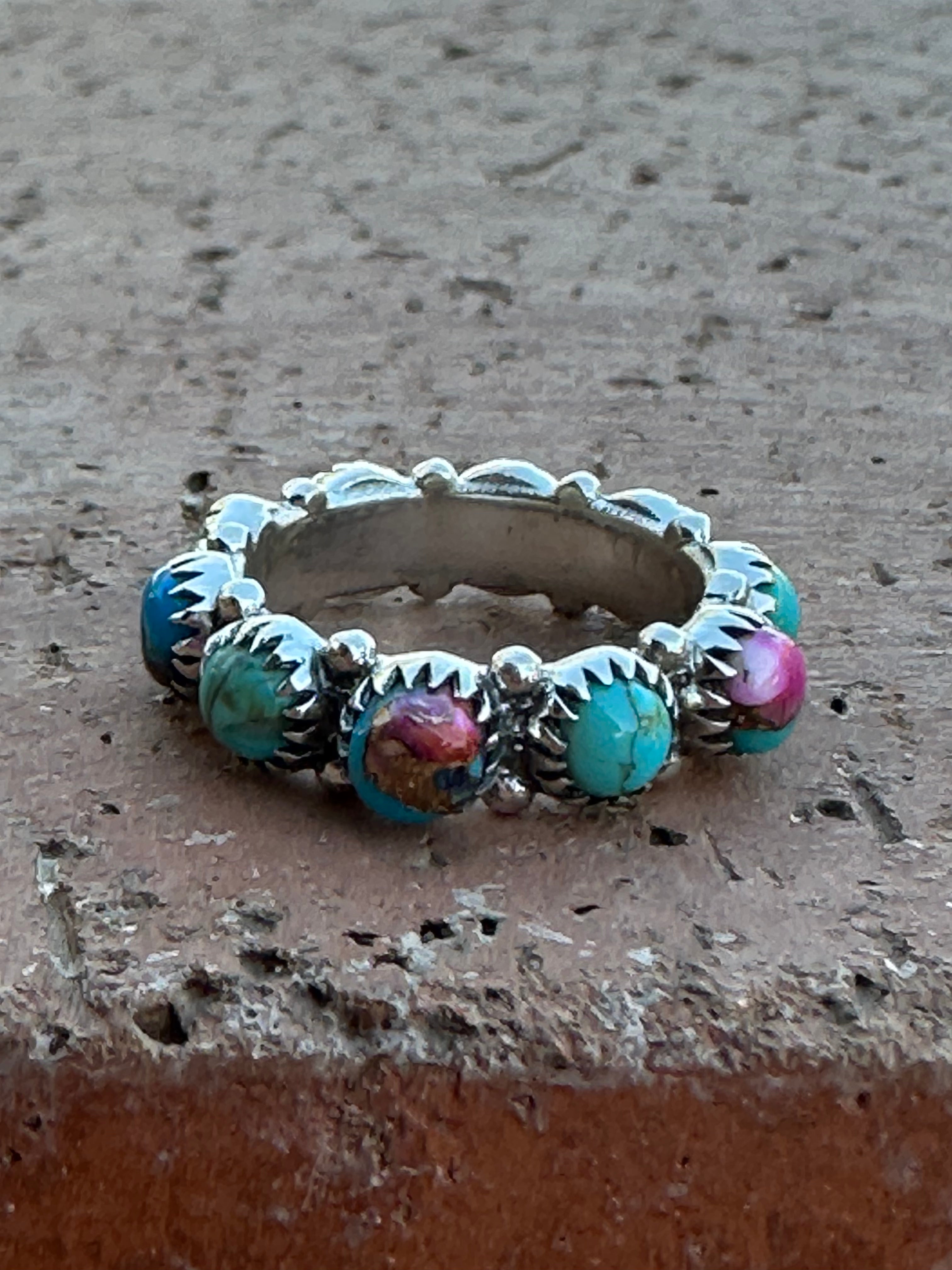 Pink Dream and Kingman Turquoise Sterling Silver Eternity Band