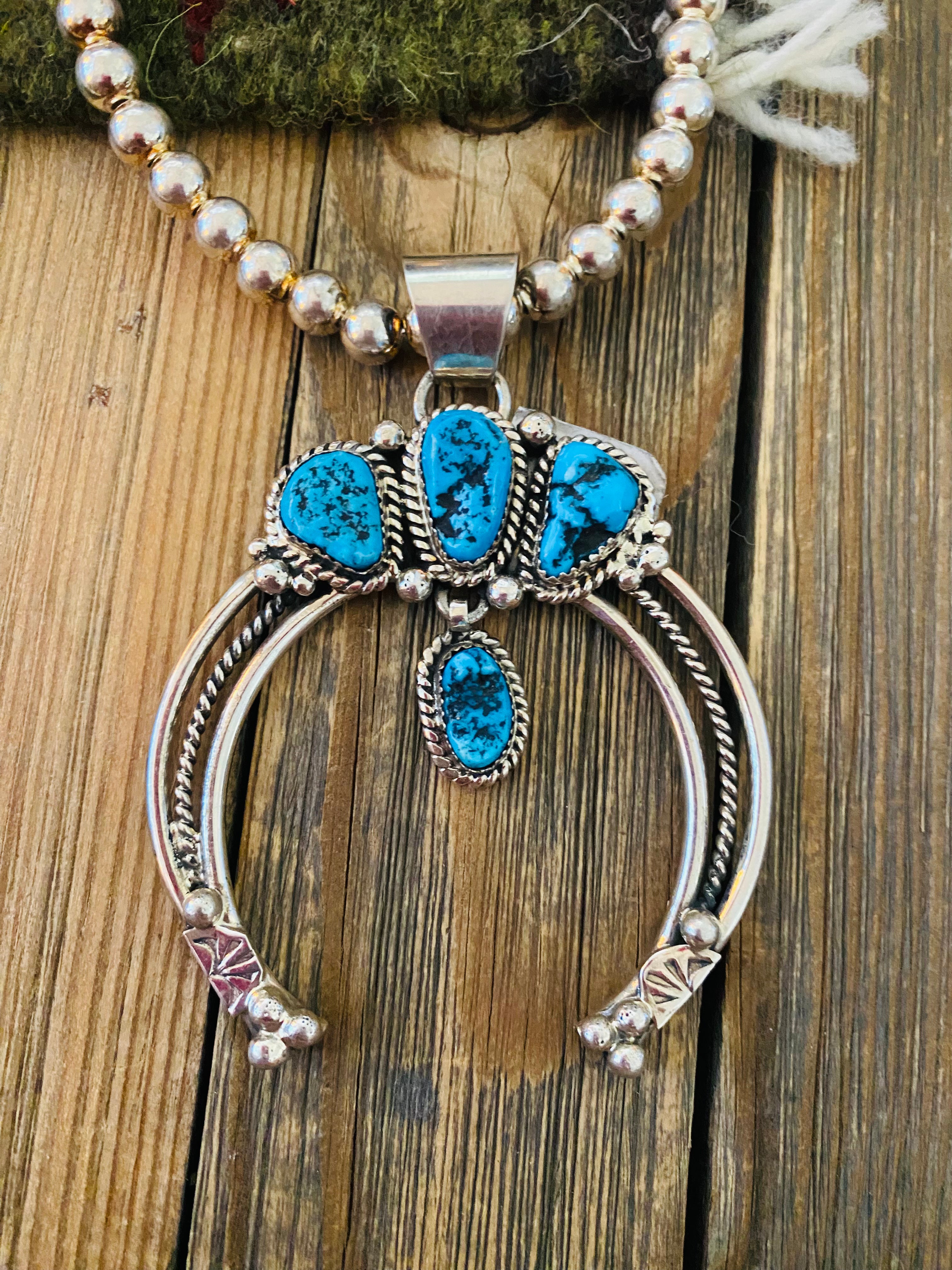 Navajo Sterling Silver & Kingman Turquoise Beaded Naja Necklace