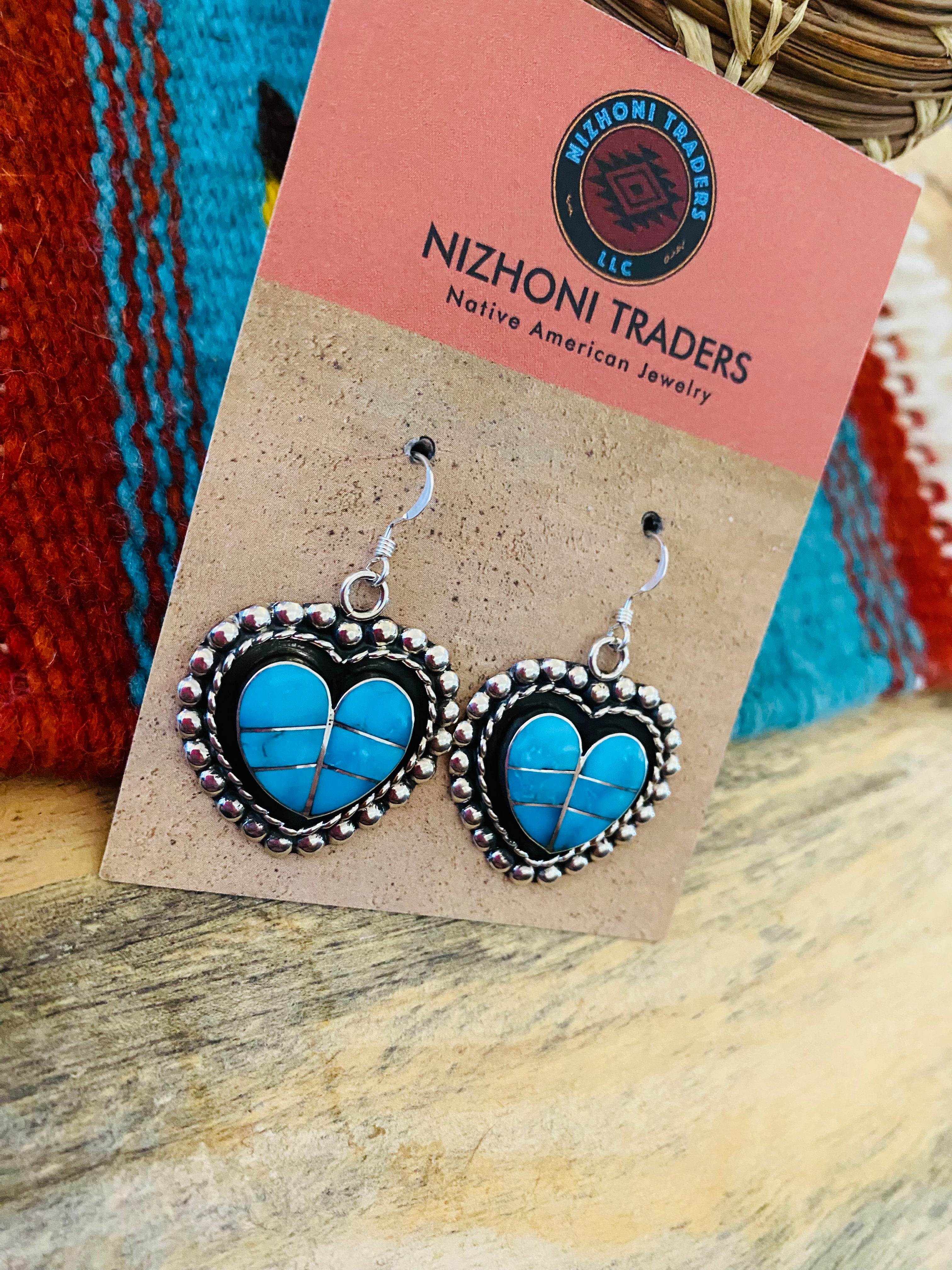 Zuni Sterling Silver & Turquoise Inlay Heart Dangle Earrings