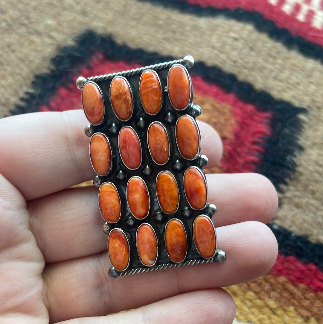 Navajo Sterling Silver & Orange Spiny Cluster Ring Size 8 Signed Jacquline Silver