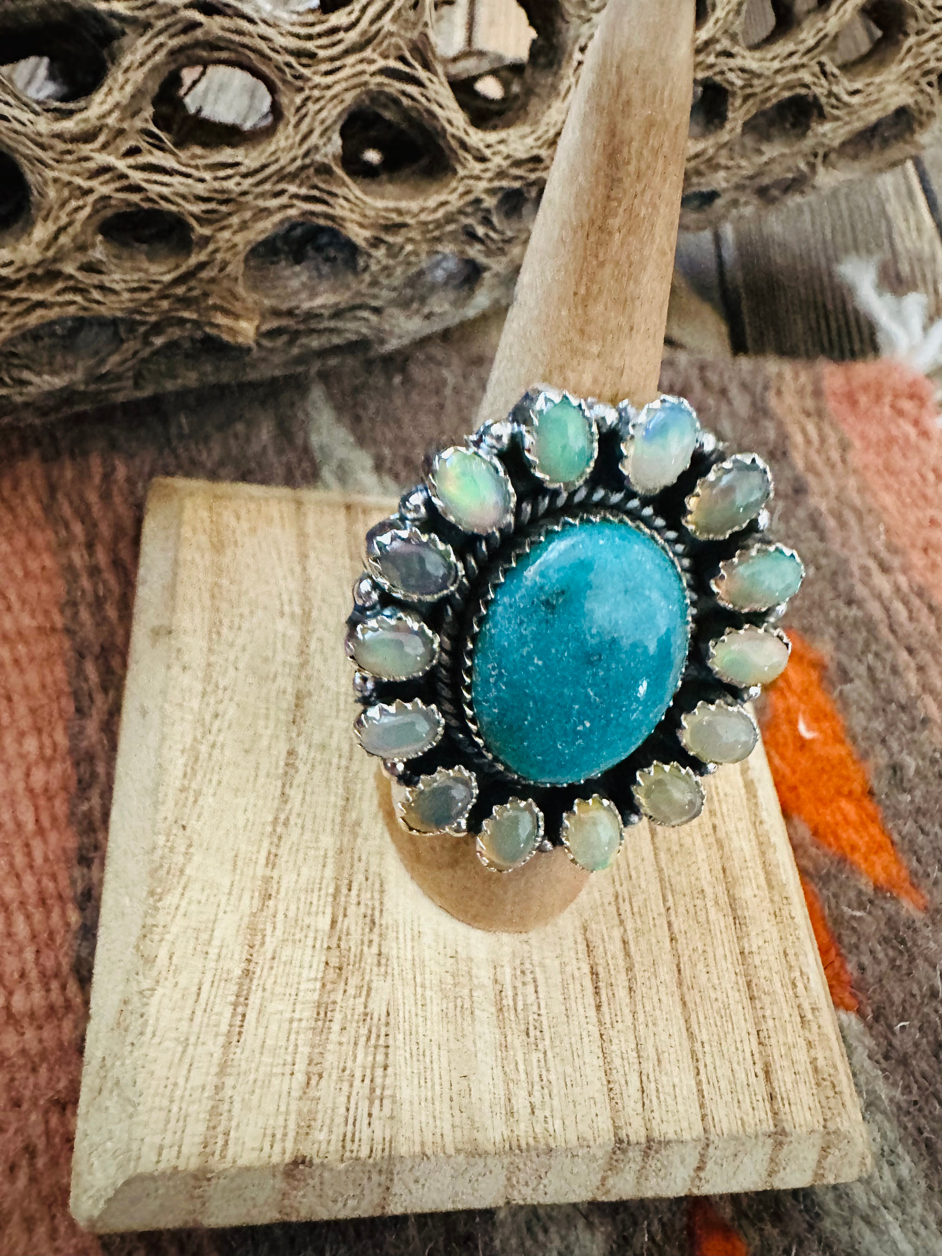 Handmade Sterling Silver Turquoise & Opal Cluster Adjustable Ring