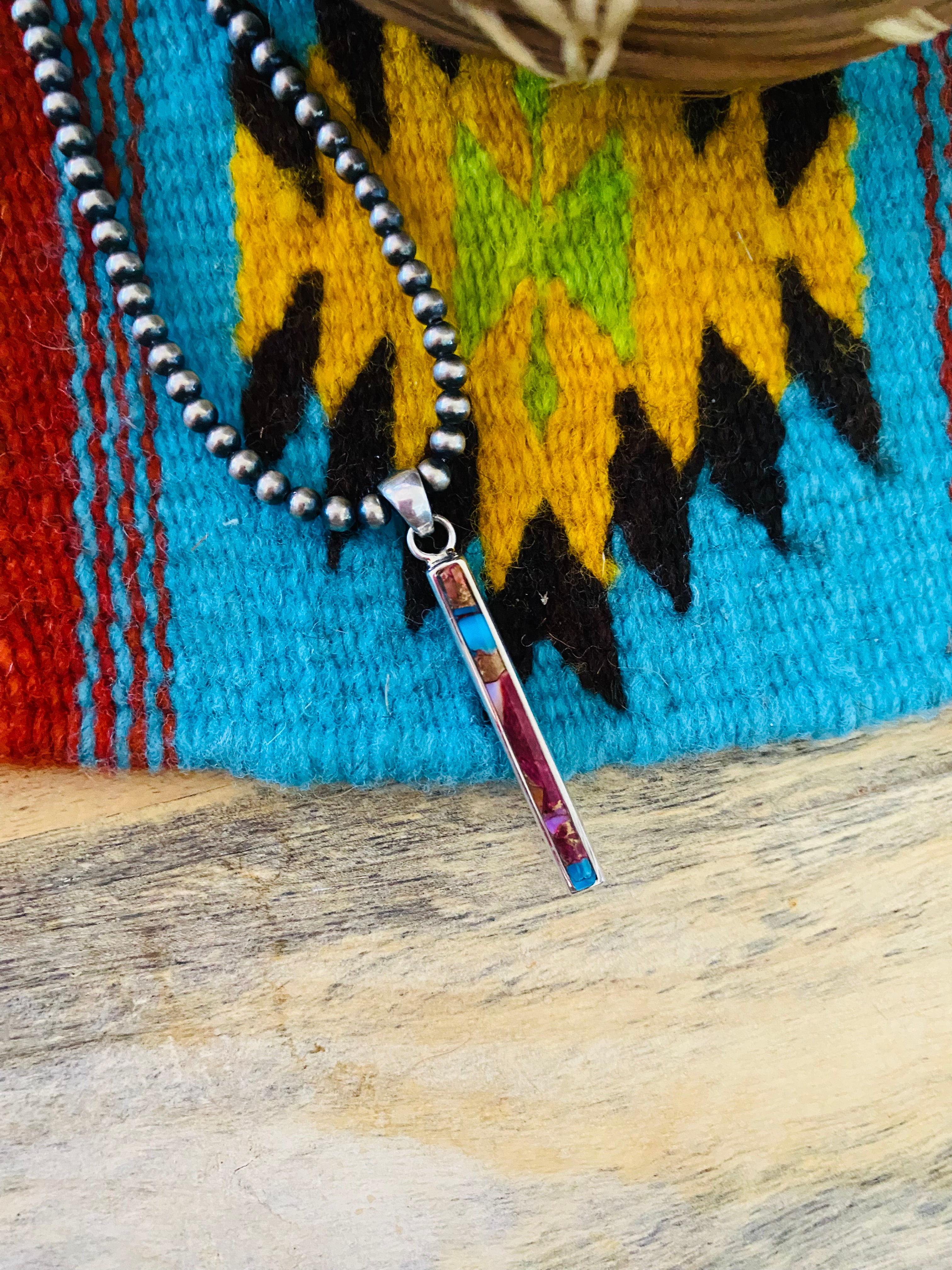 Navajo Sterling Silver & Pink Dream Bar Pendant