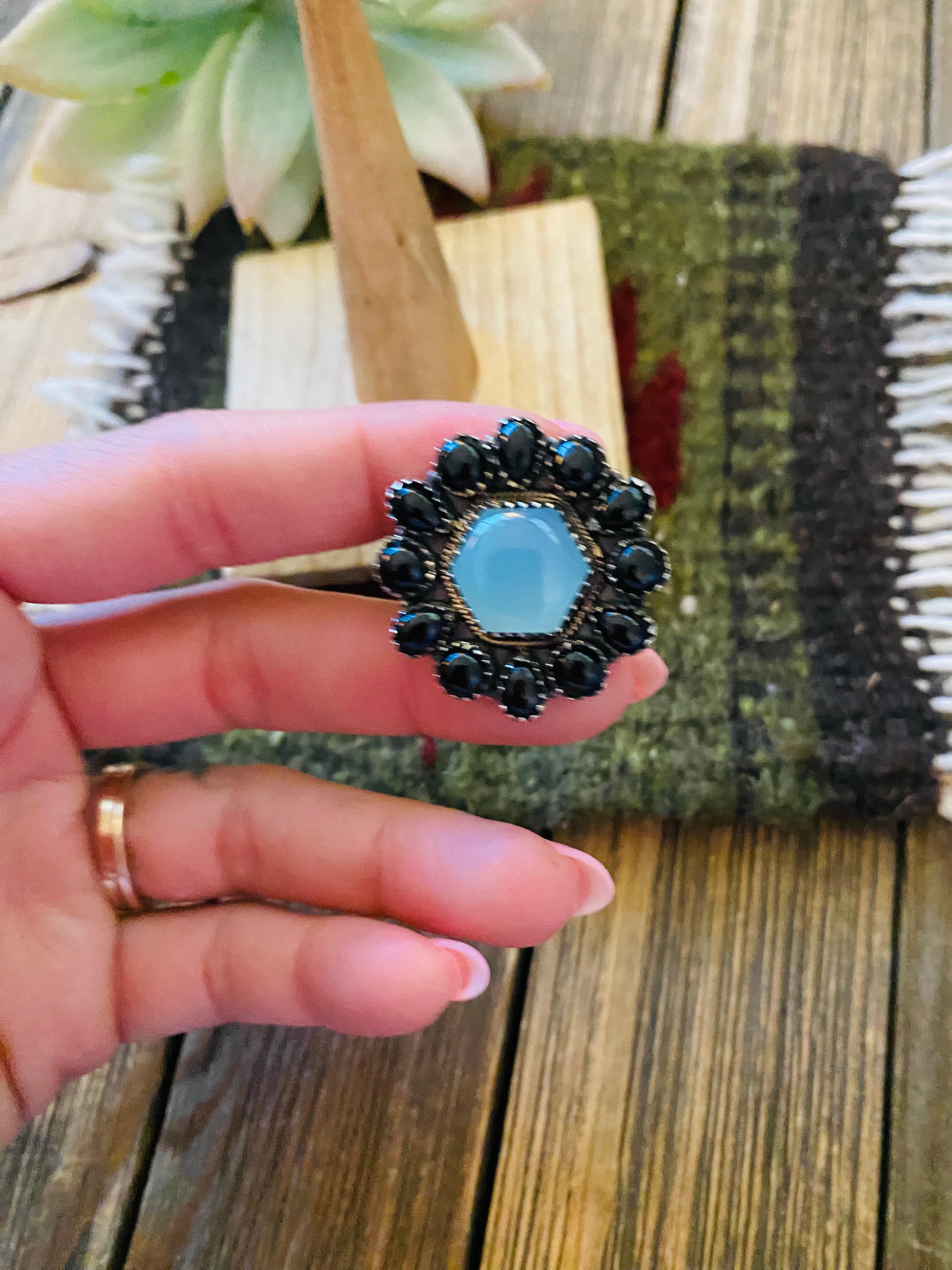 Handmade Sterling Silver, Opalite & Onyx Cluster Adjustable Ring