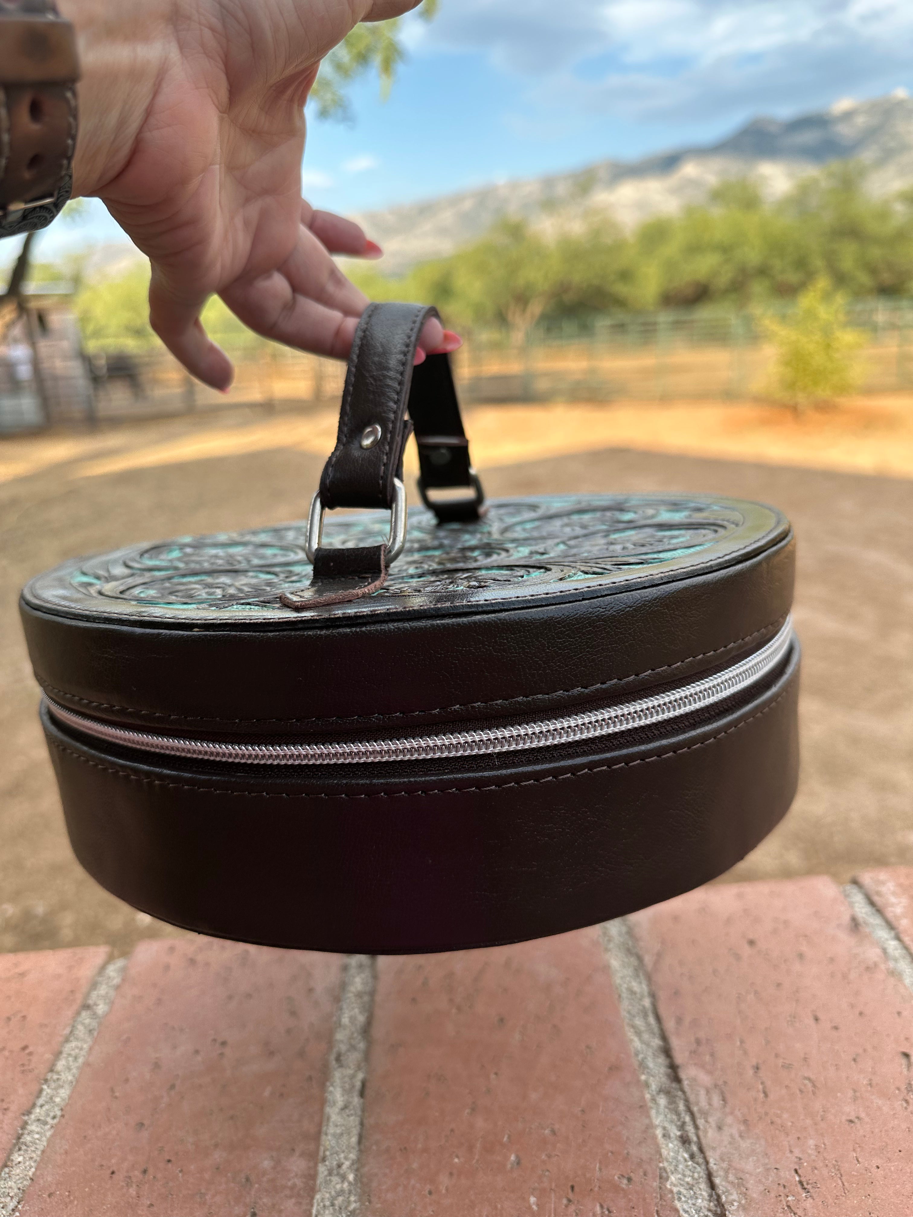 Chocolate Leather and Turquoise Travel Round Case