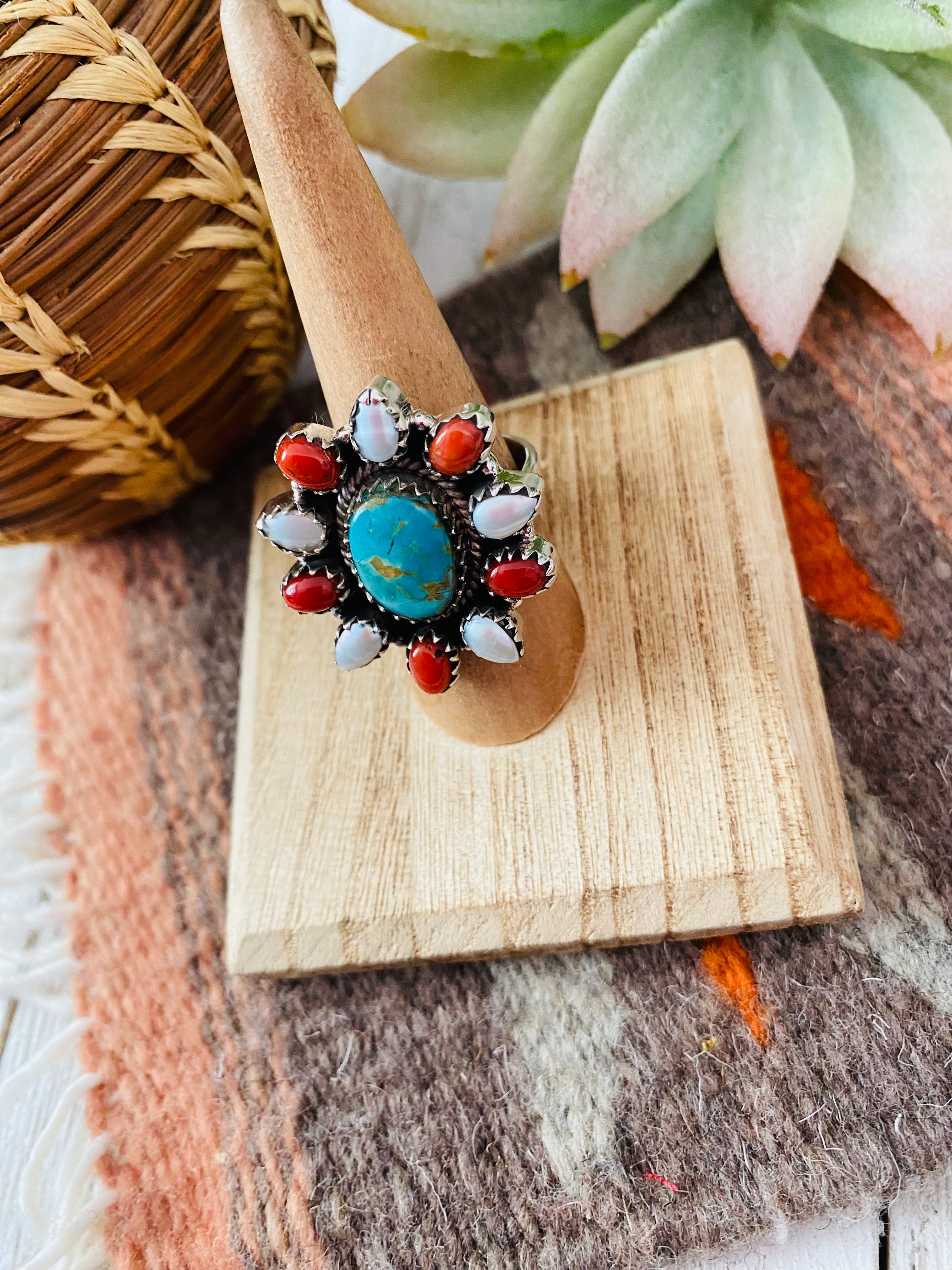 Handmade Sterling Silver & Multi Stone Cluster Adjustable Ring