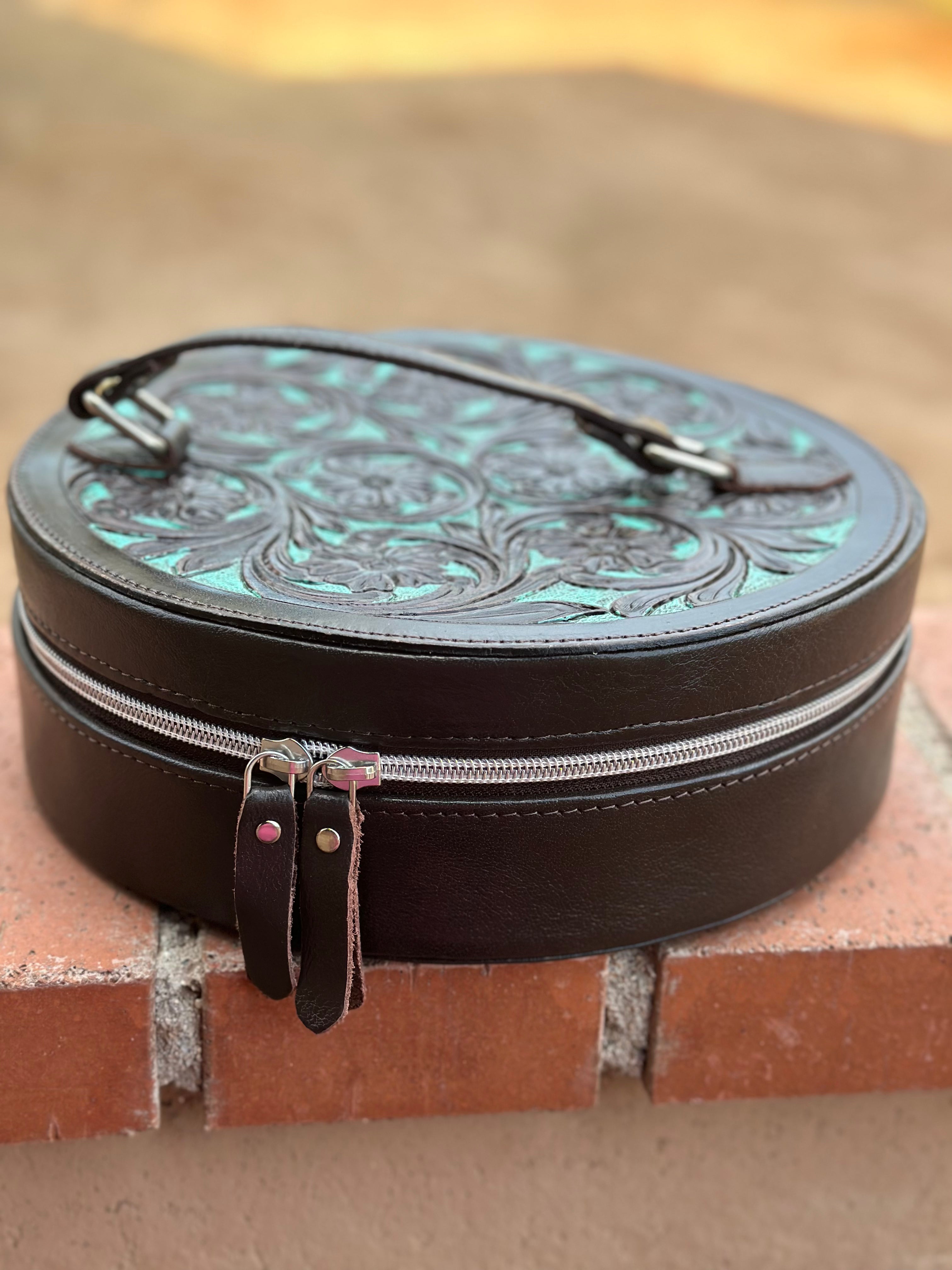 Chocolate Leather and Turquoise Travel Round Case