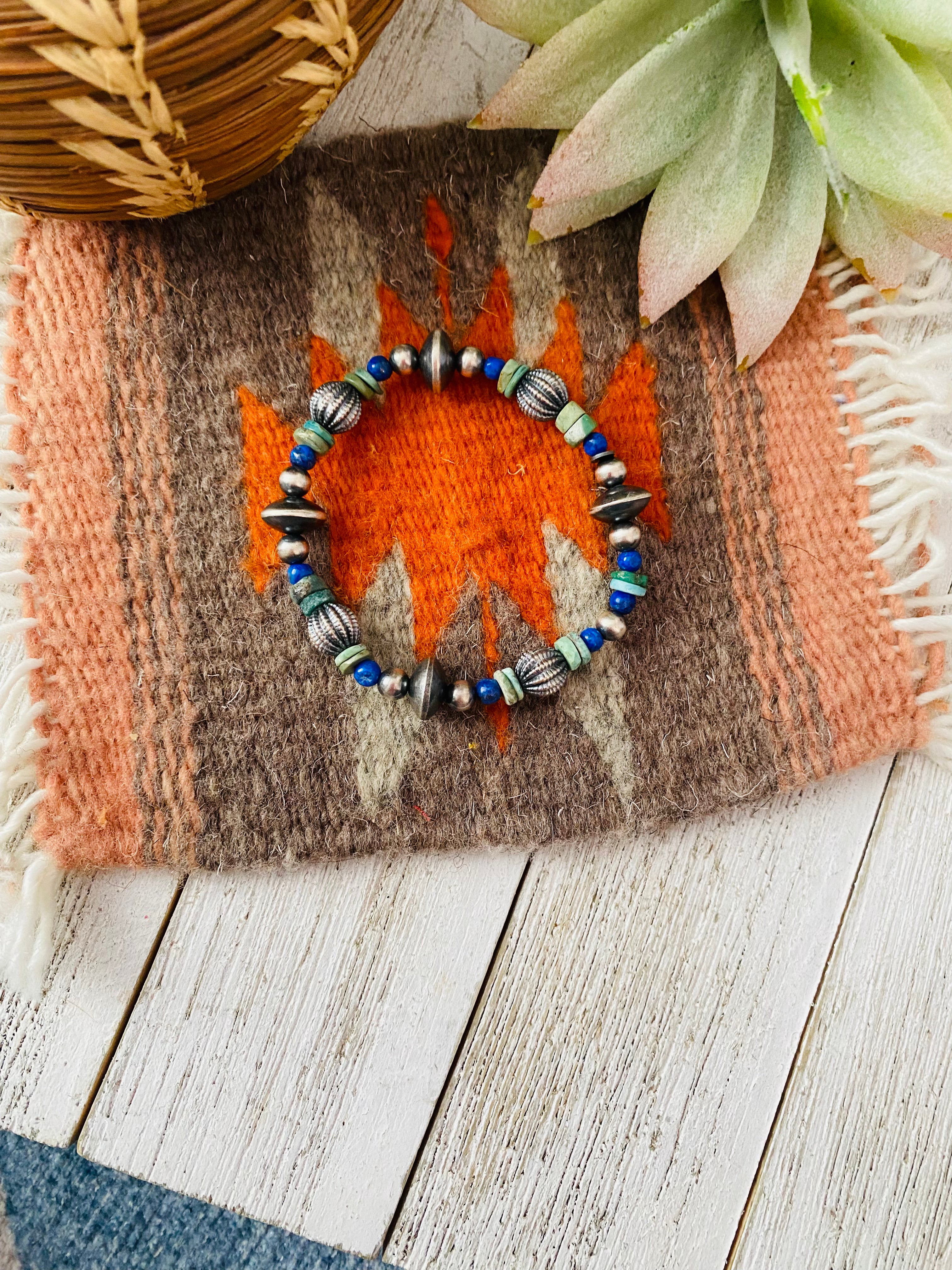 Handmade Turquoise, Lapis & Sterling Silver Beaded Stretch Bracelet